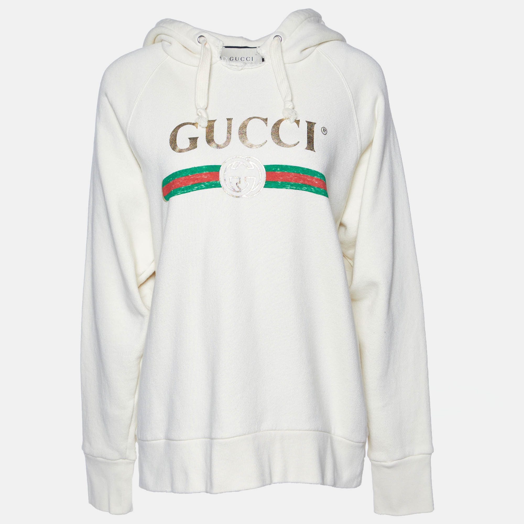 Pre-owned Gucci Cream Blind For Love Embroidered Cotton Distressed Hoodie S
