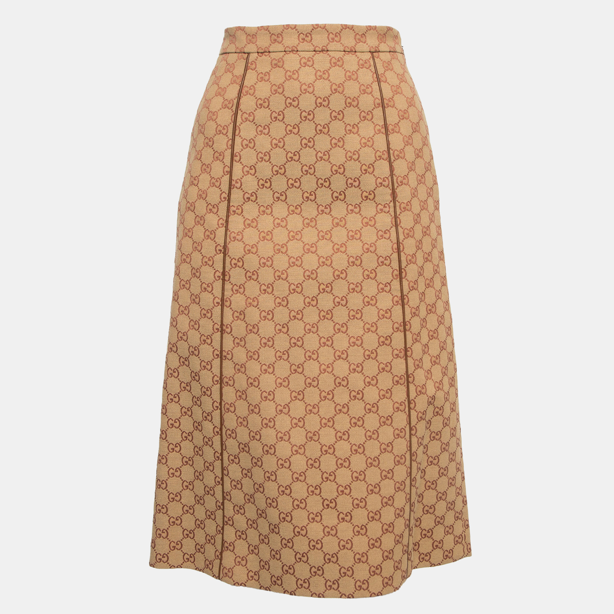 

Gucci Light Brown Monogram Jacquard Contrast Trim Midi Skirt XS