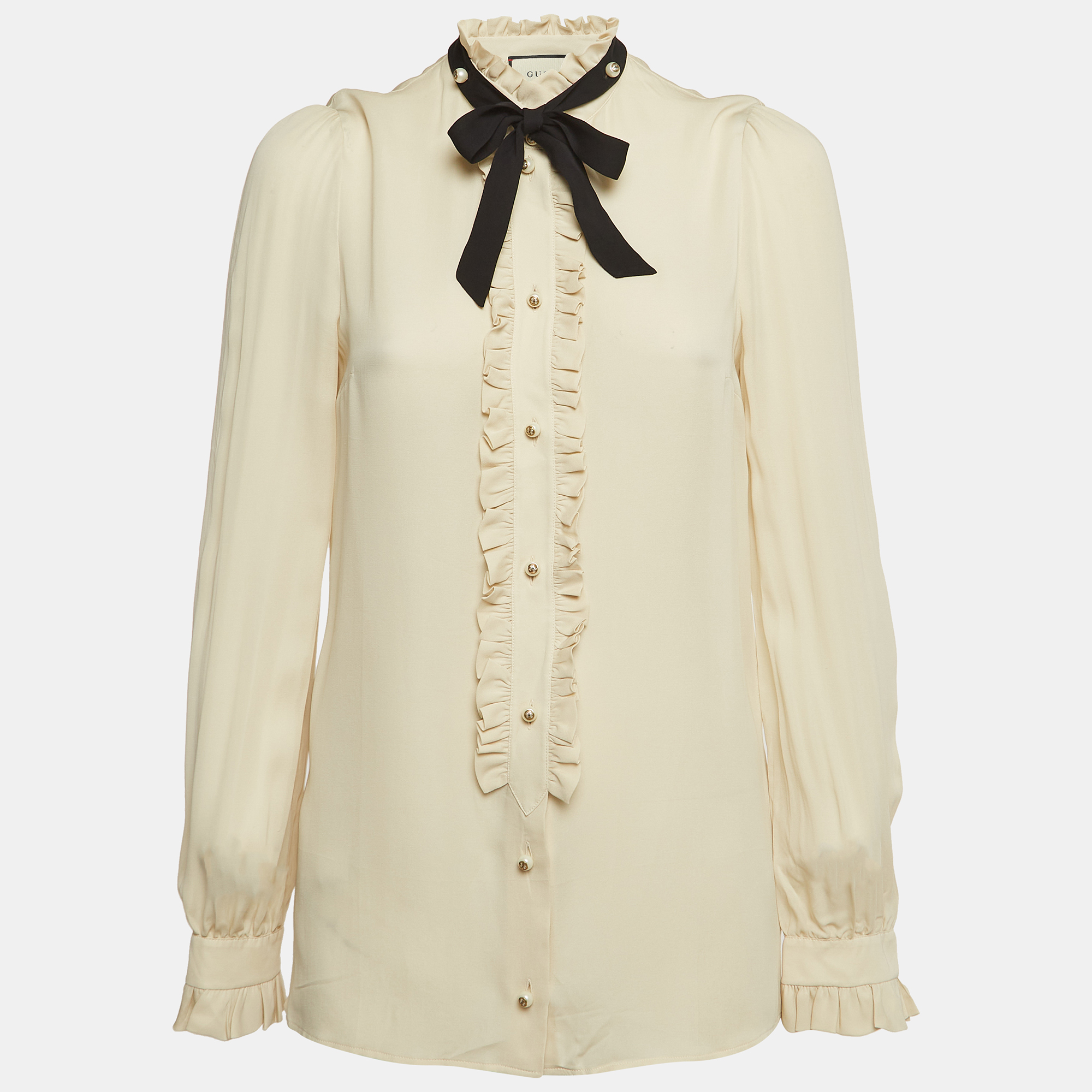 Pre-owned Gucci Beige Silk Buttoned Front Ruffled Top M