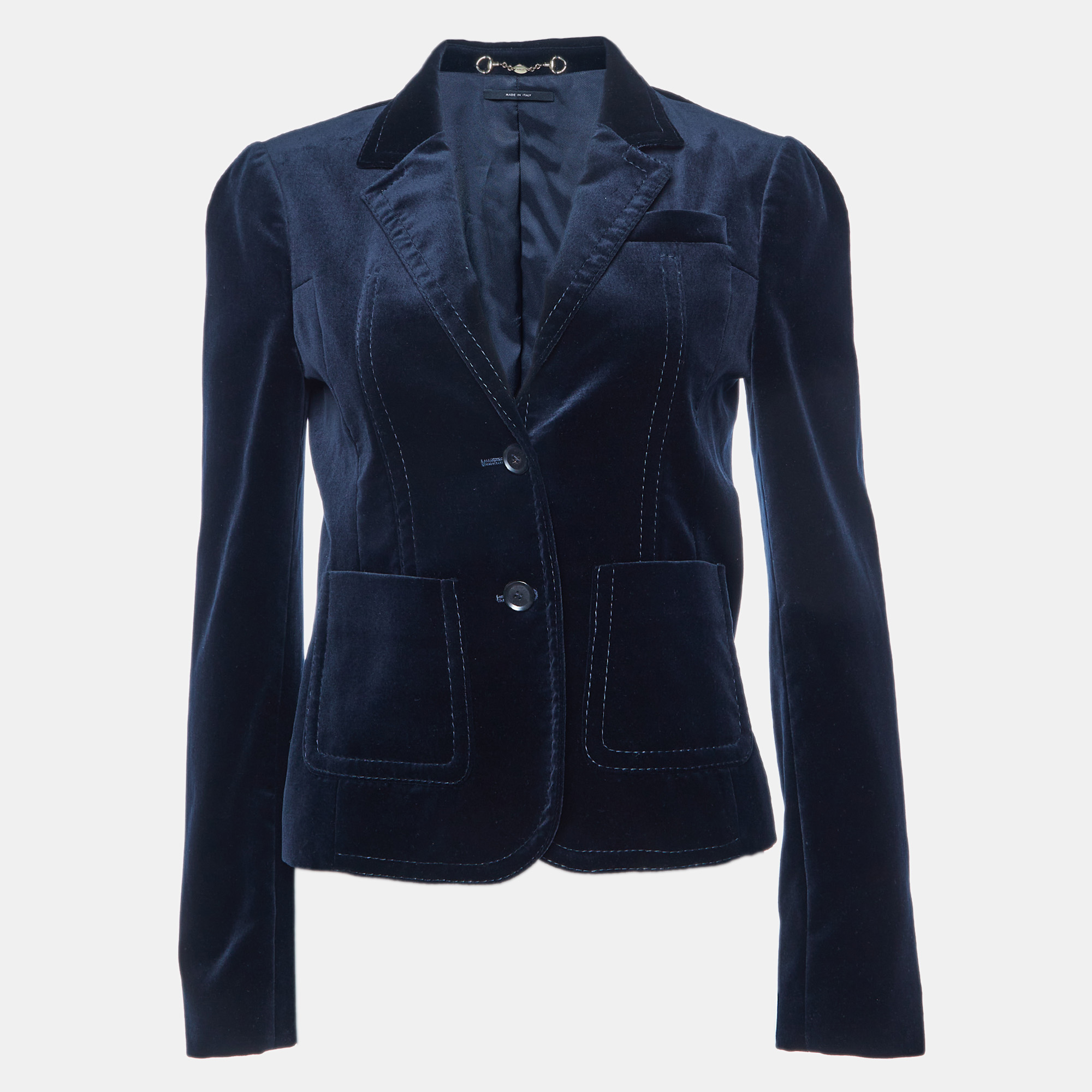 Pre-owned Gucci Navy Blue Velvet Button Front Blazer S