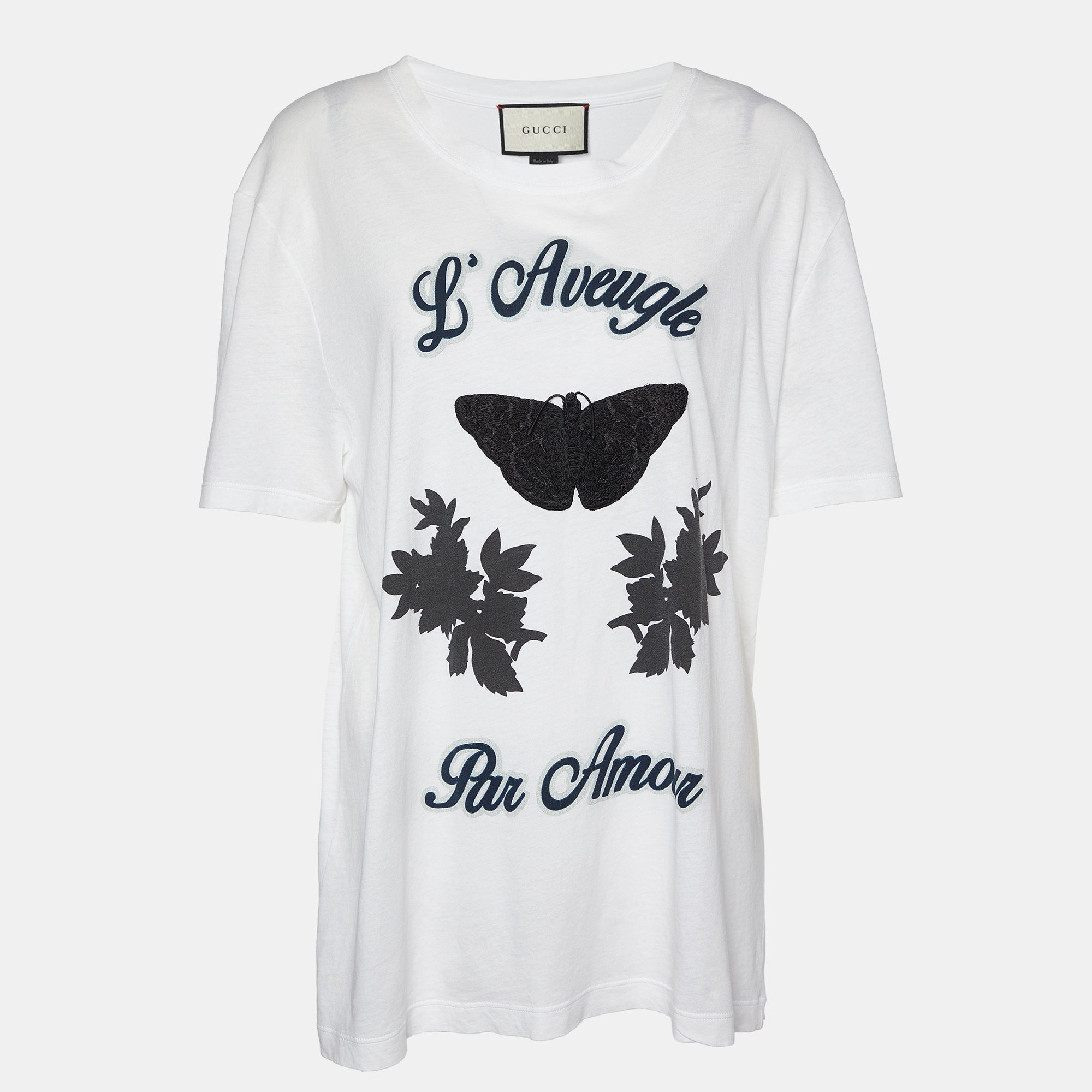 

Gucci White L'Aveugle Par Amour Print Cotton Crew Neck T-Shirt L