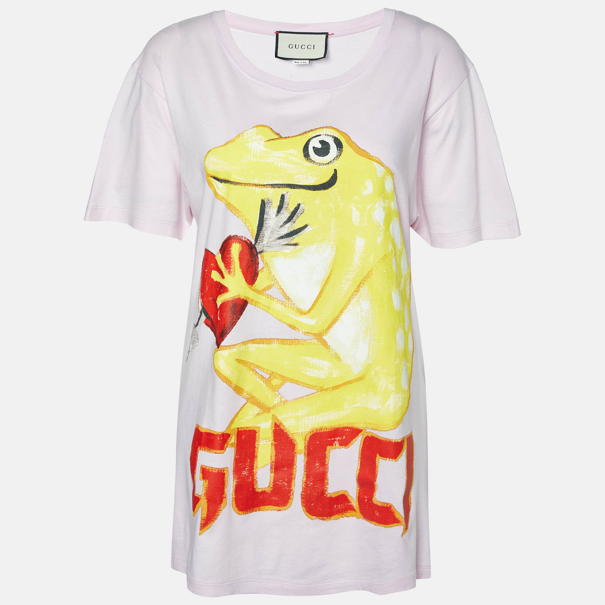 

Gucci Pink Frog Logo Print Cotton Crew Neck T-Shirt S