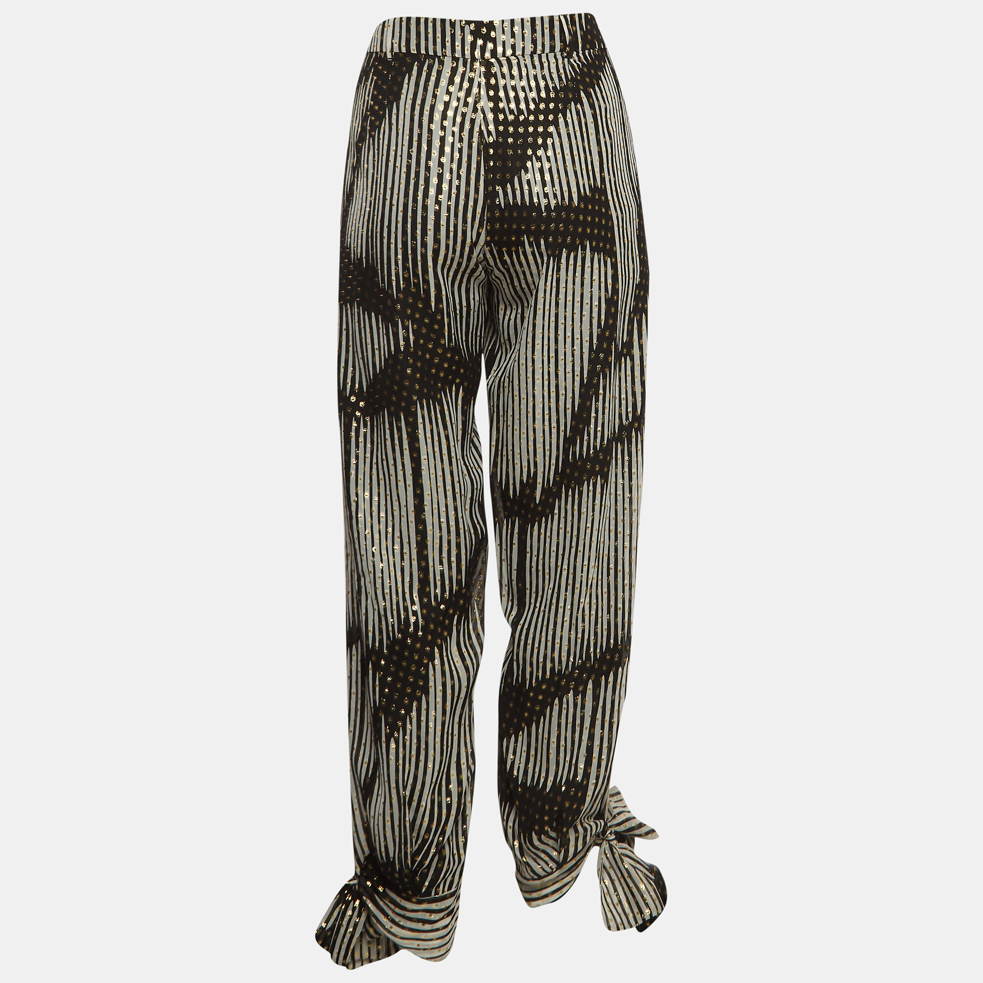

Gucci Black & White Silk Brocade Tie Up Pants S