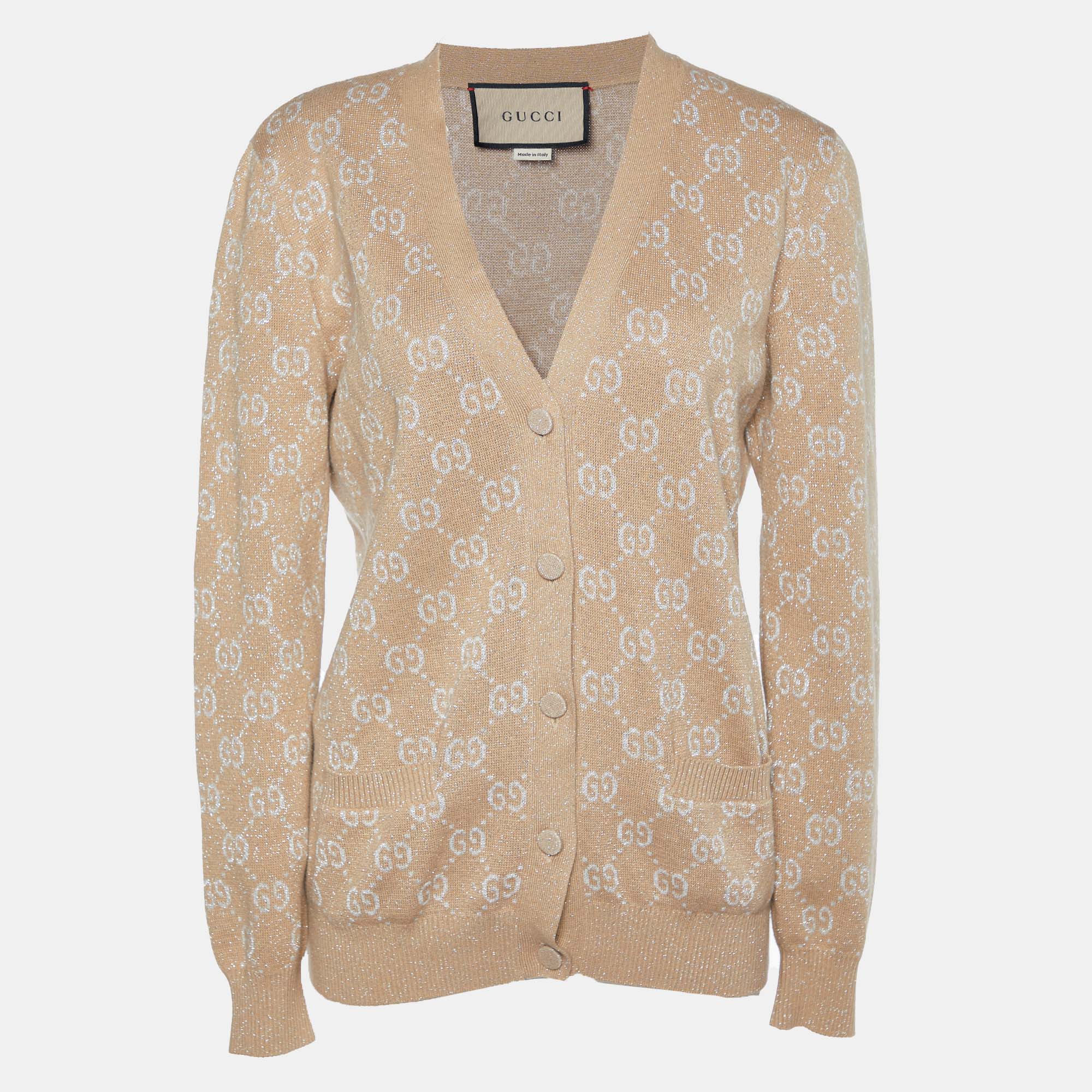 

Gucci Beige Lamé GG Jacquard Cardigan L