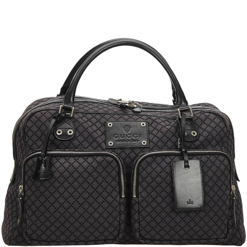 Pre Owned Gucci Gray/Black Diamante Canvas Travel Bag