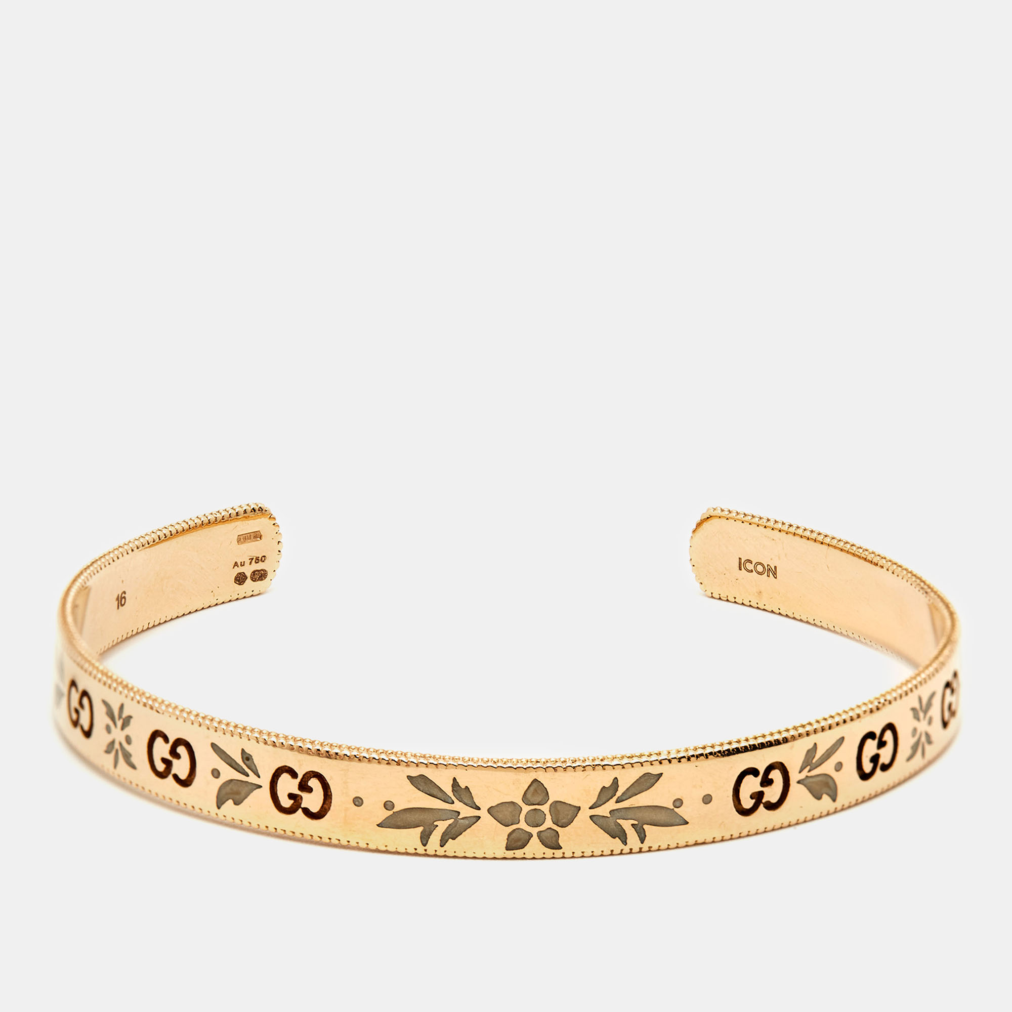 Pre-owned Gucci Gg Icon Blossom Enamel 18k Rose Gold Cuff Bracelet 16