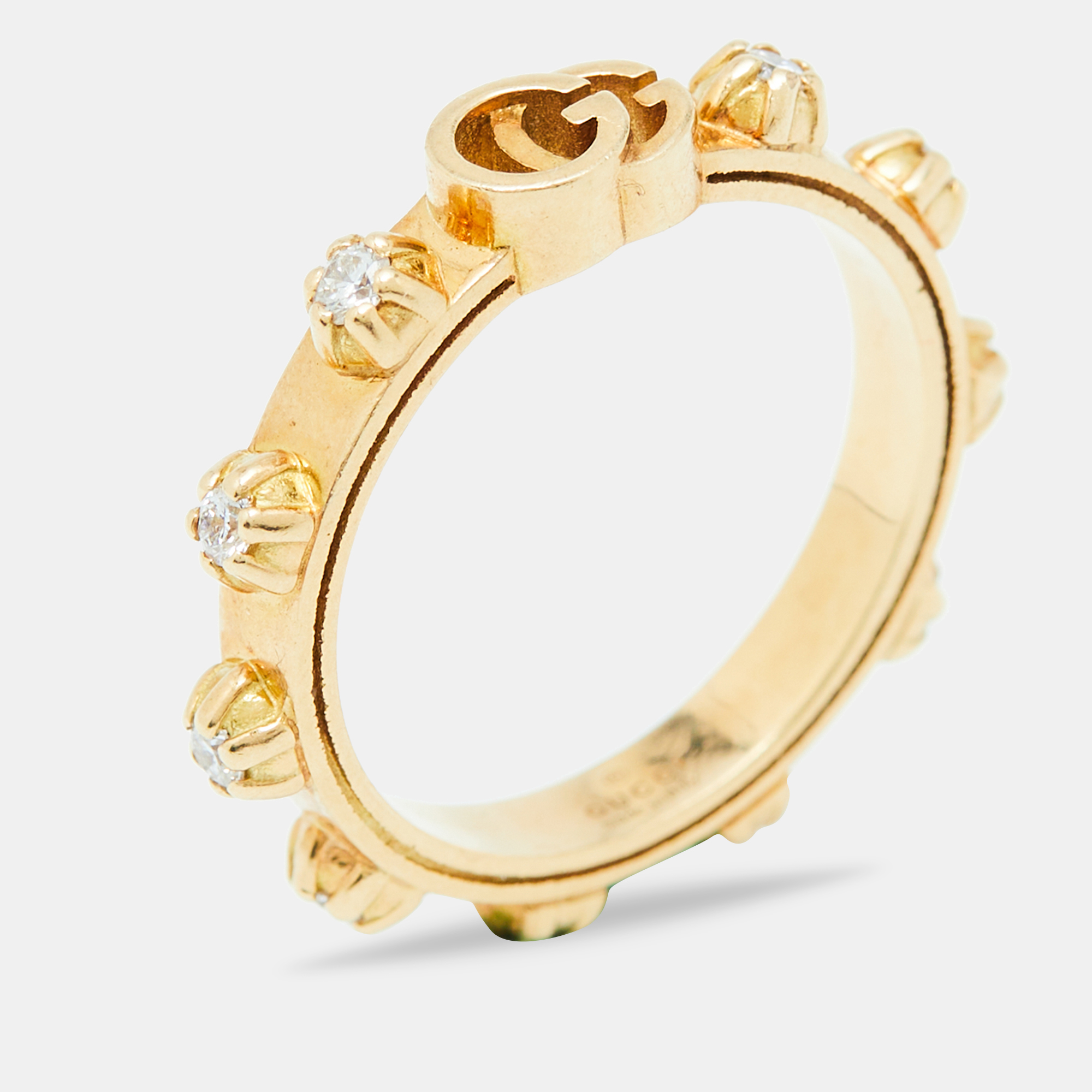 Pre-owned Gucci Interlocking G Diamond 18k Yellow Gold Ring Size 55
