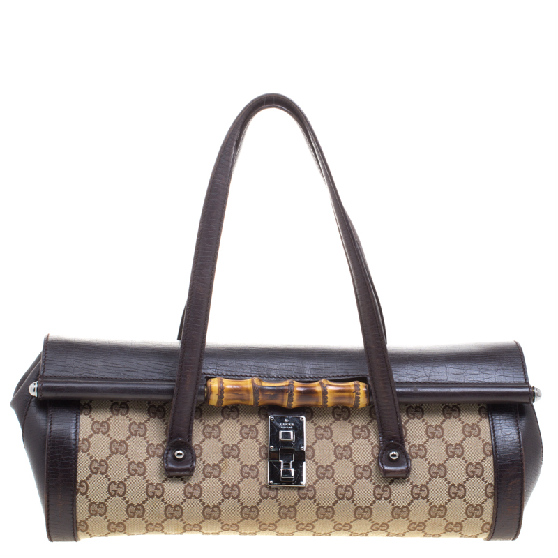 Pre Owned حقيبة غوتشي بامبو بولت جلد وكانفاس GG عاجية/ بيج
