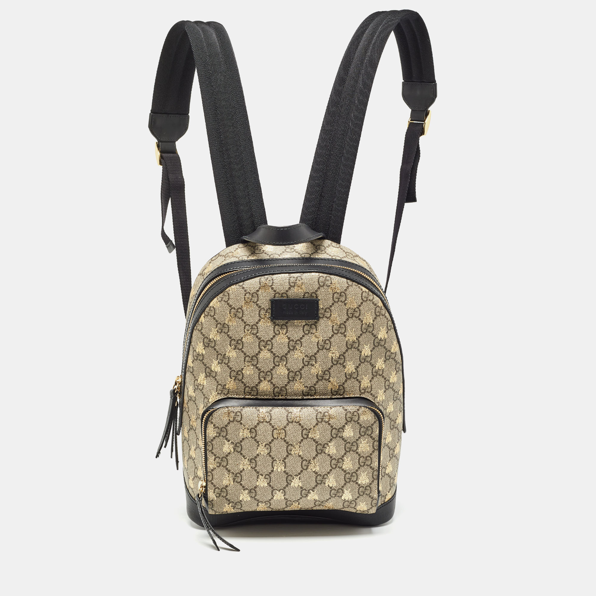 Gucci Black Beige GG Supreme Canvas and Leather Small Bees Day Backpack TLC