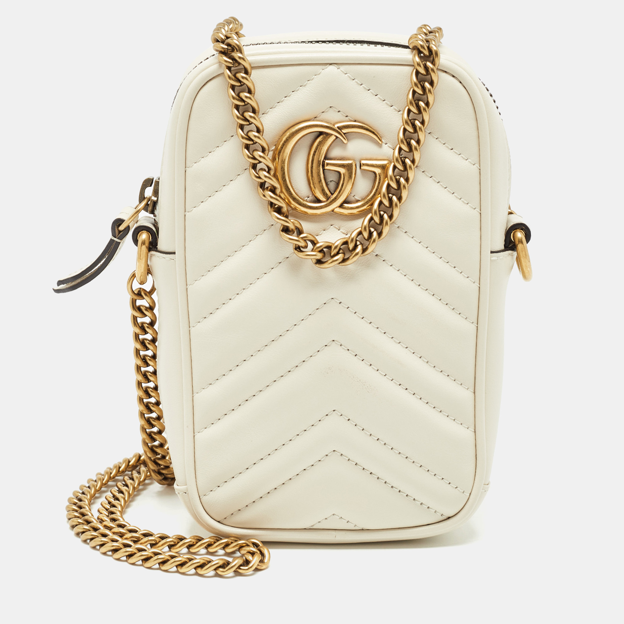 

Gucci White Matelassé Leather Mini GG Marmont Bag