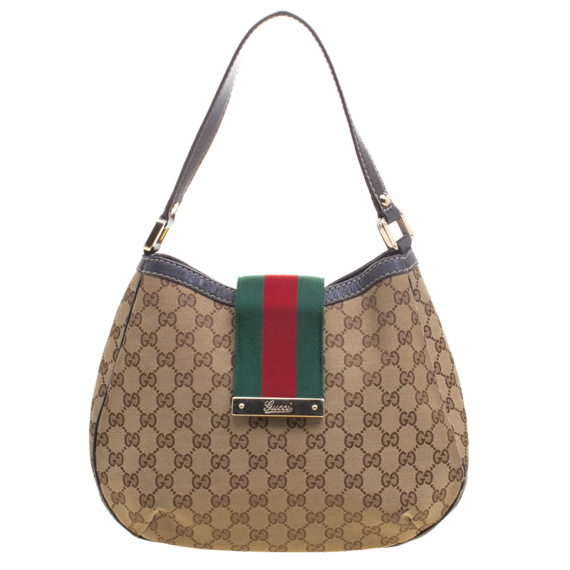 Pre Owned Gucci Beige GG Canvas New Ladies Web Hobo