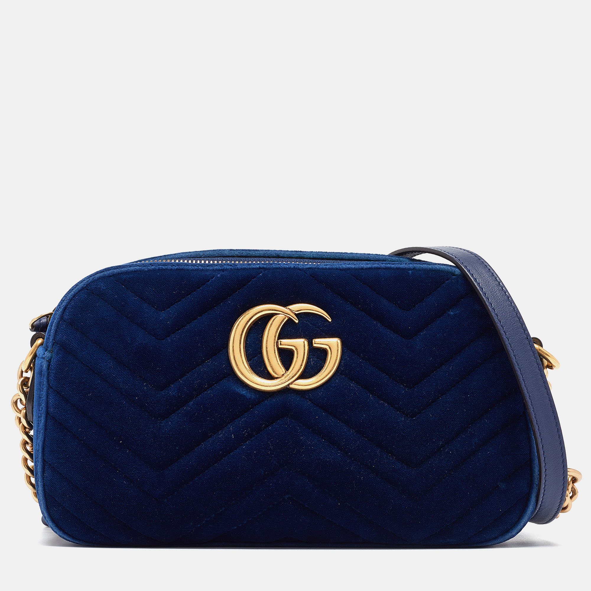 

Gucci Blue Matelassé Velvet  GG Marmont Shoulder Bag