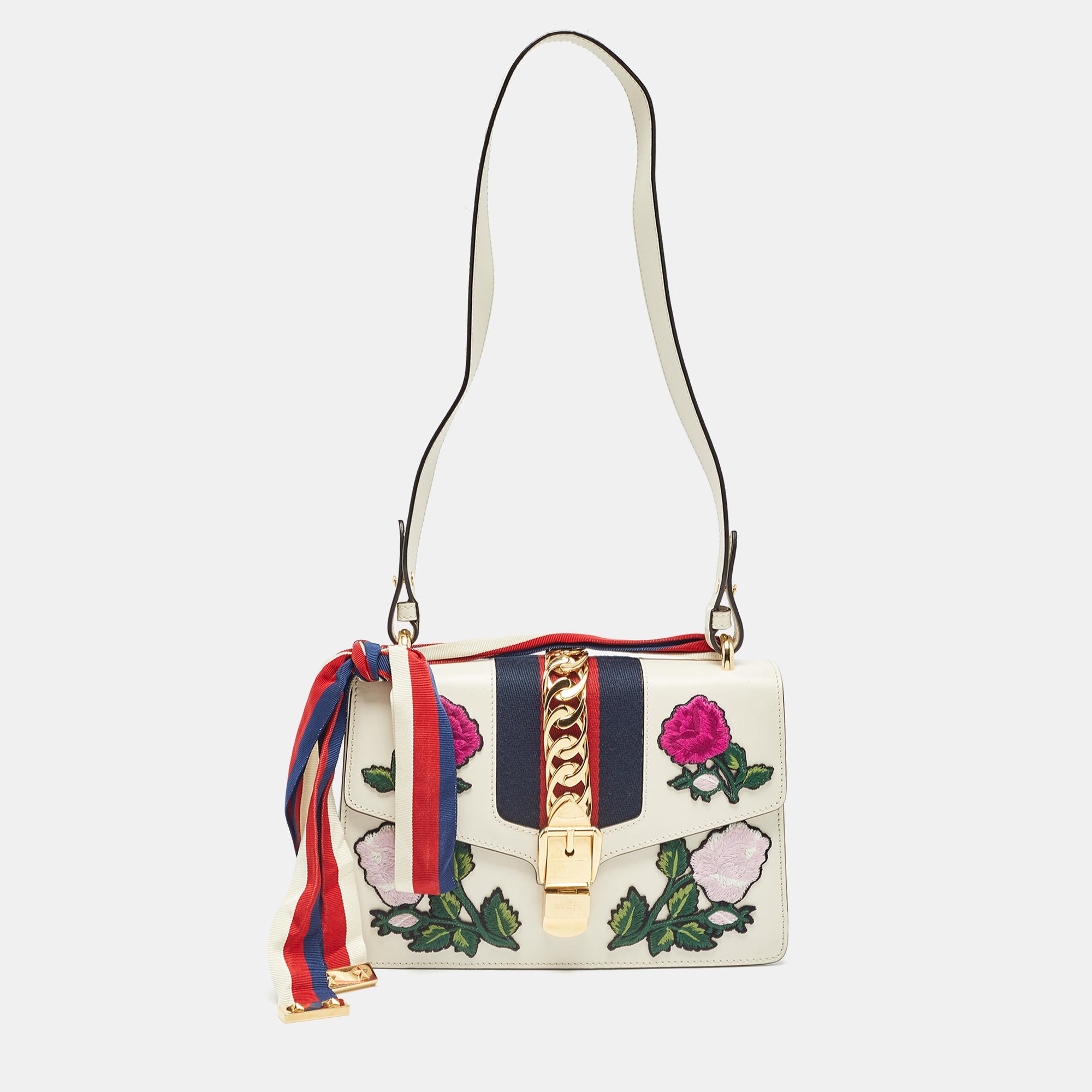 

Gucci Off White Leather  Web Embroidered Sylvie Shoulder Bag