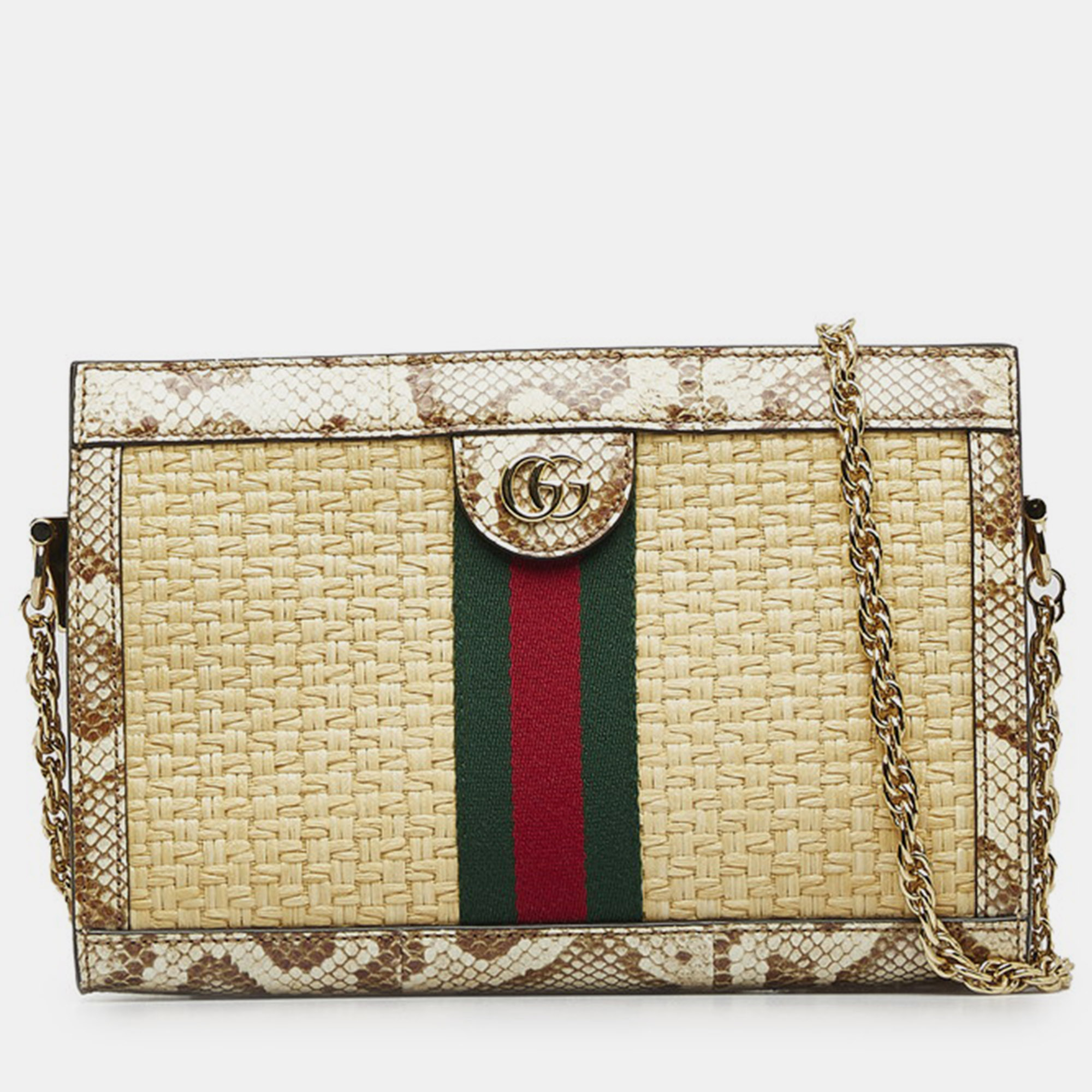 

Gucci Brown Raffia and Python Trim Leather Ophidia Shoulder Bag, Beige