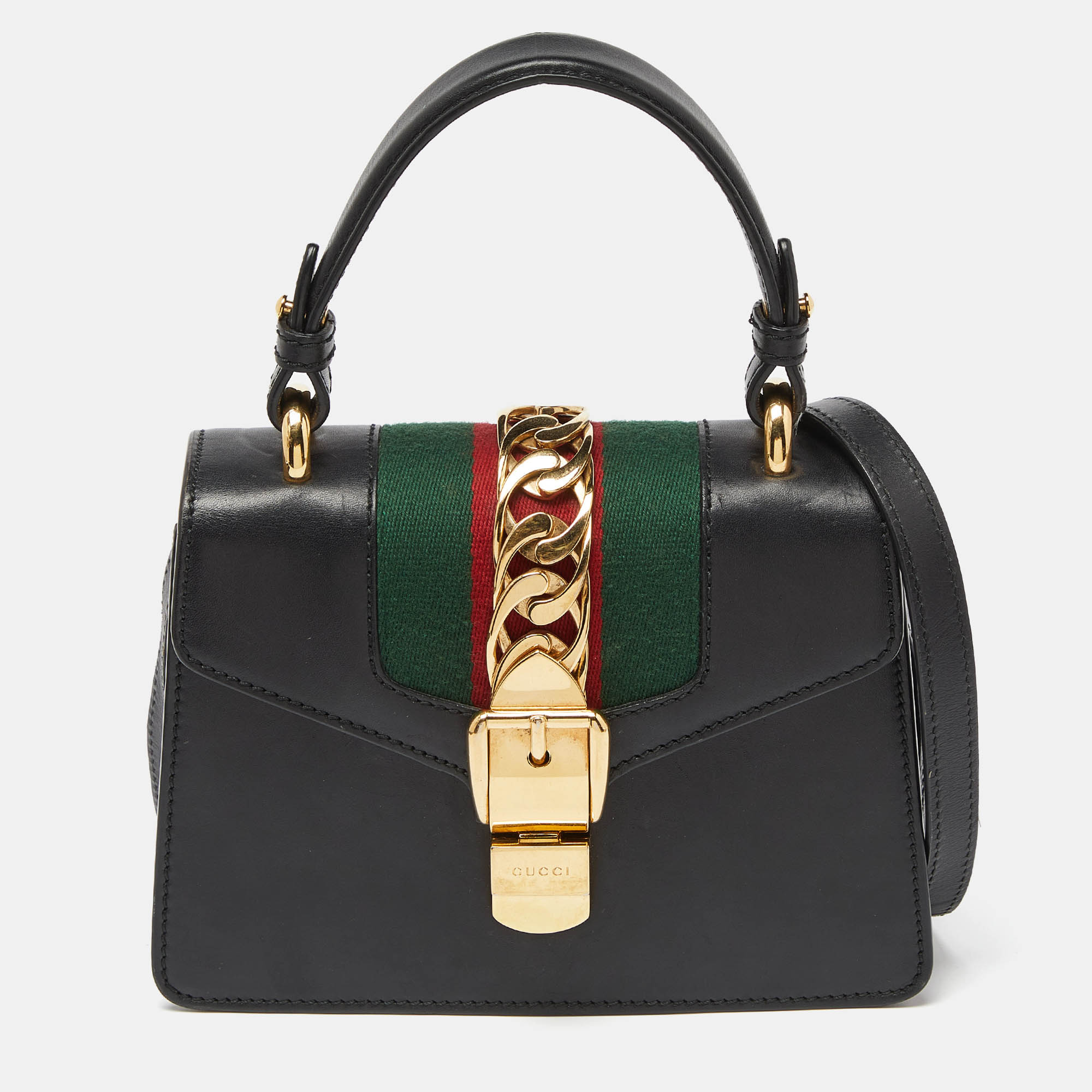 

Gucci Black Leather Mini Web Chain Sylvie Top Handle Bag