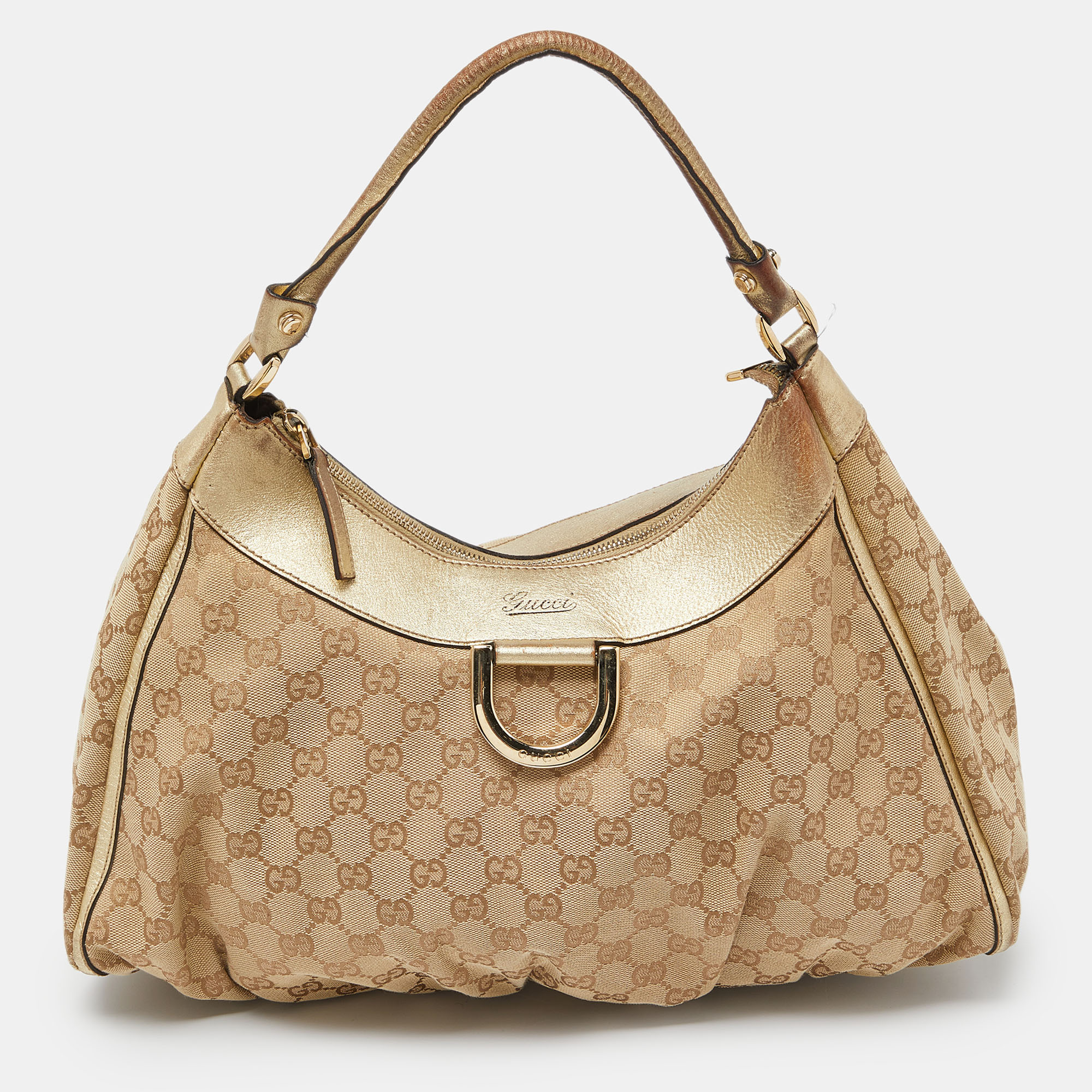 

Gucci Biege/Gold GG Canvas and Leather Large D Ring Hobo, Beige