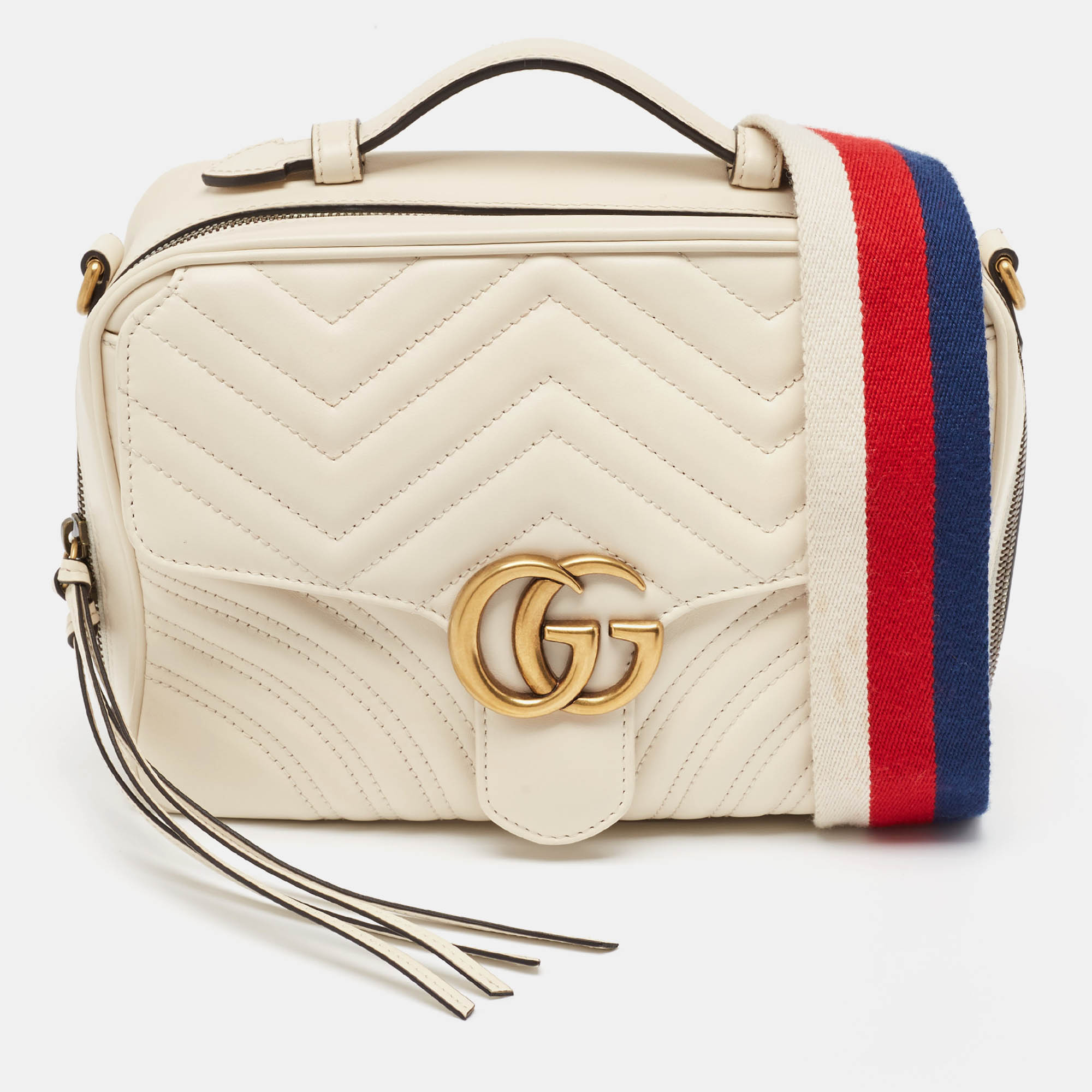 

Gucci Off White Matelassé Leather GG Marmont Camera Top Handle Bag