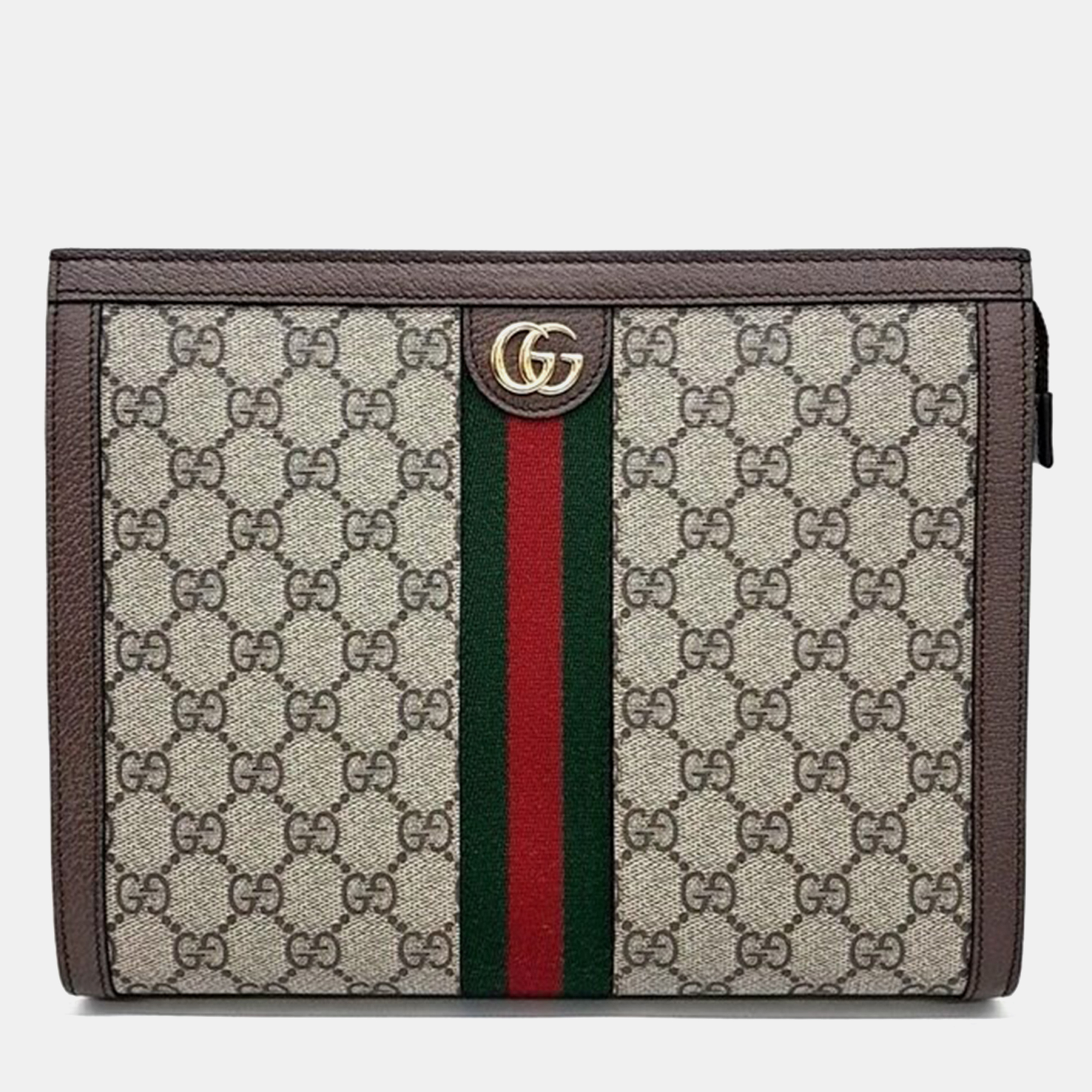 

Gucci Brown GG Canvas Web Ophidia Clutch, Beige