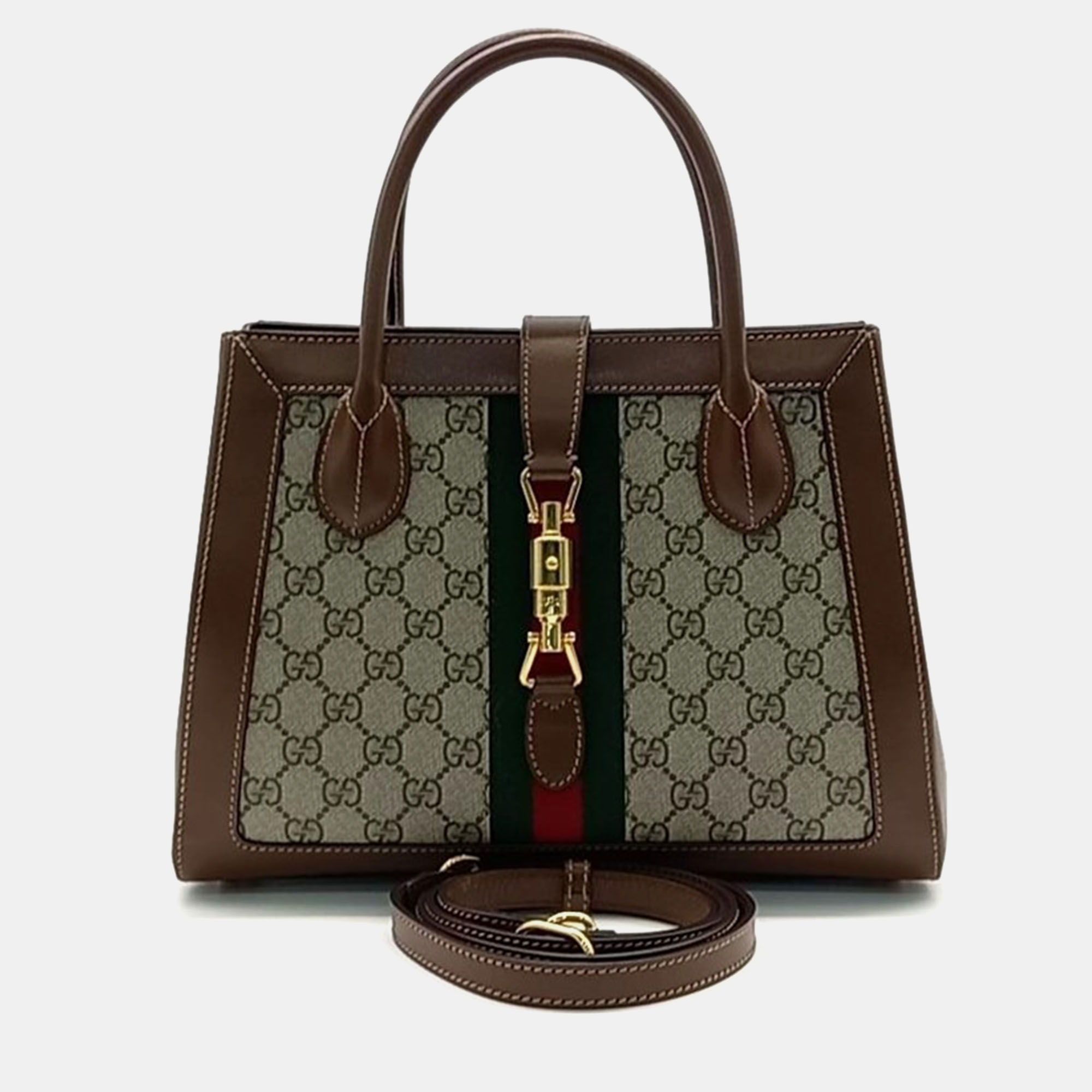 

Gucci Brown/Beige GG Supreme Canvas and Leather Medium Web Jackie 1961 Tote Bag