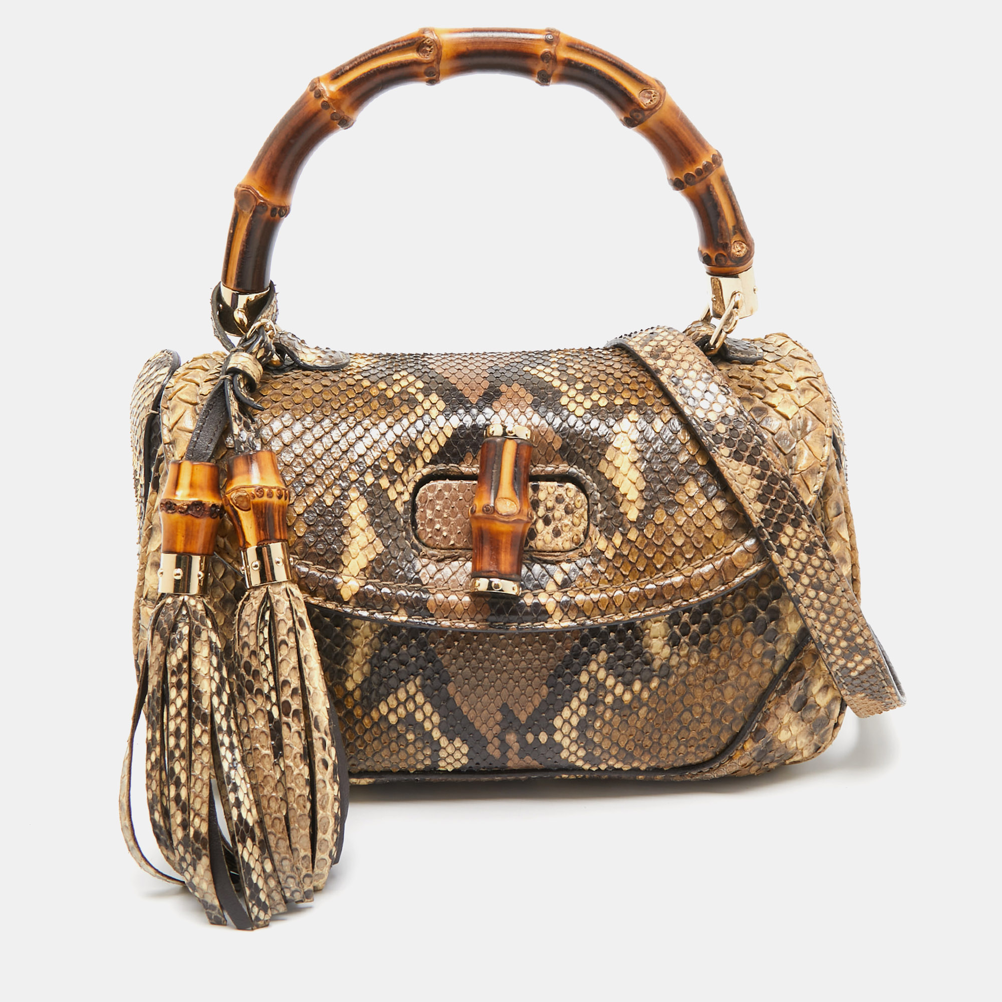 

Gucci Cream Python  Tassel New Bamboo Top Handle Bag