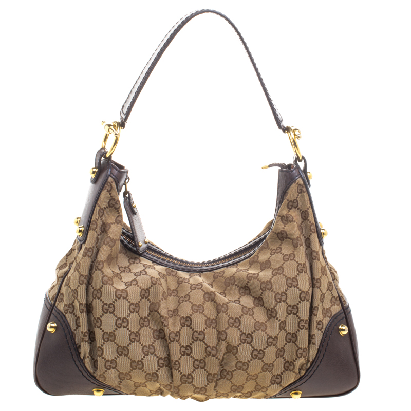 Pre Owned Gucci Beige/Brown GG Canvas and Leather Medium Jockey Hobo