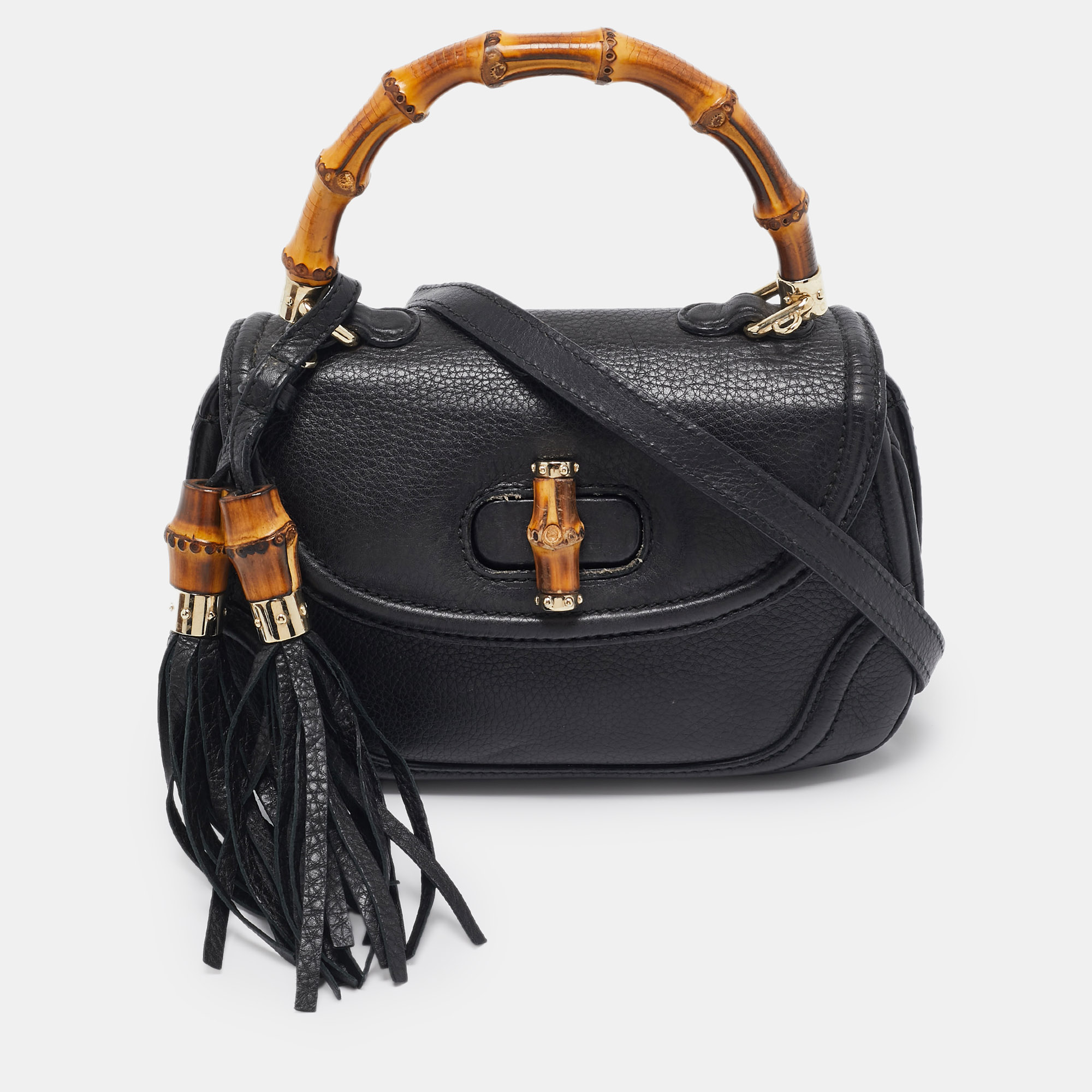 

Gucci Black Leather Tassel New Bamboo Top Handle Bag