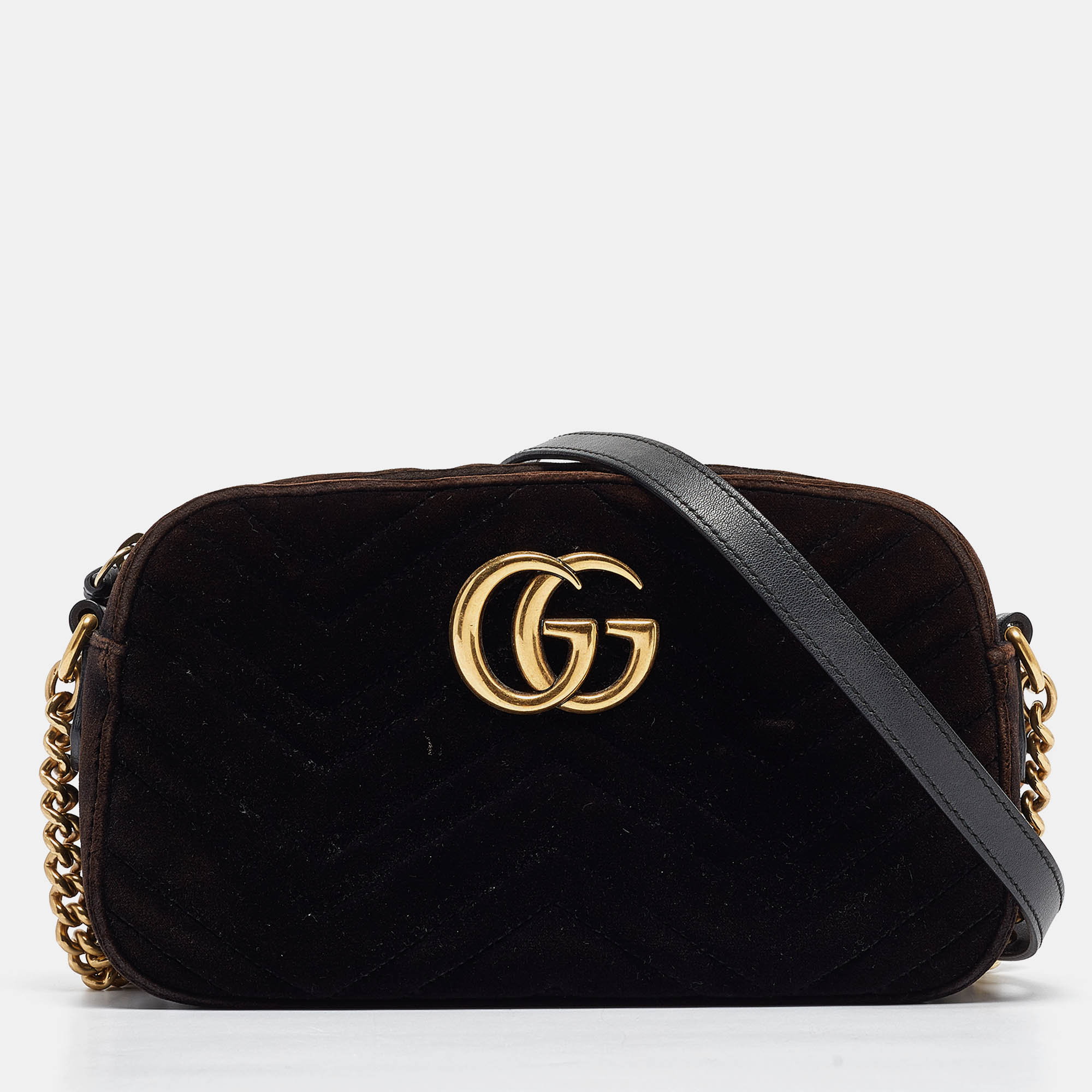 

Gucci Black/Brown Matelassé Velvet  GG Marmont Shoulder Bag