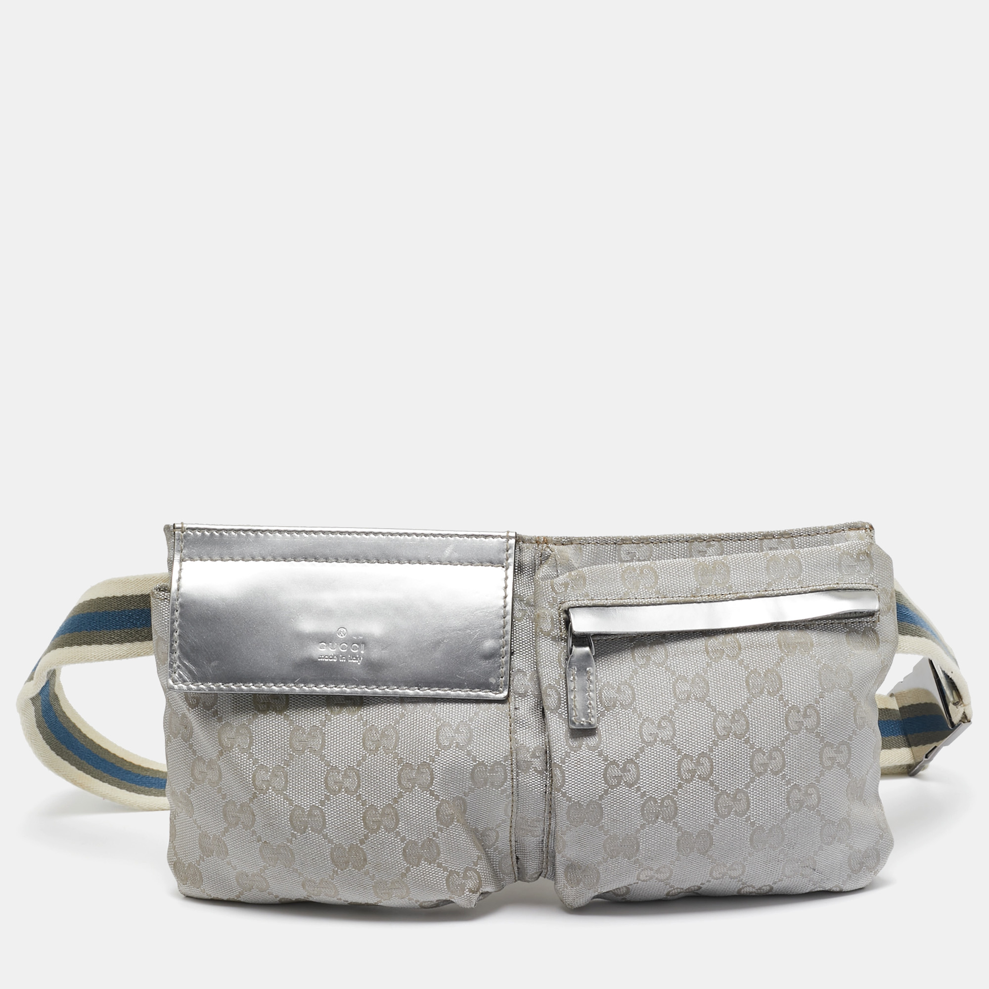 

Gucci Silver GG Canvas and Patent Leather Double Pocket Belt Bag