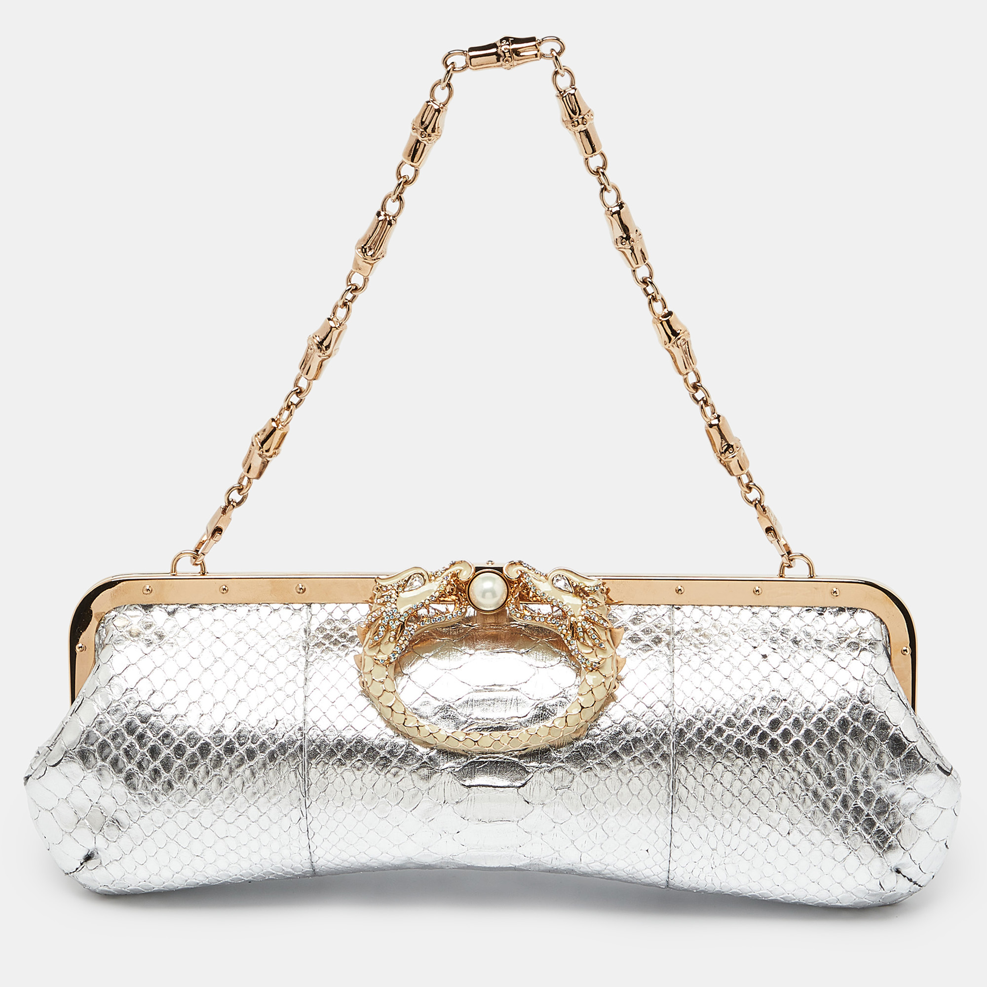 

Gucci Silver Python Crystal Dragon Chain Clutch