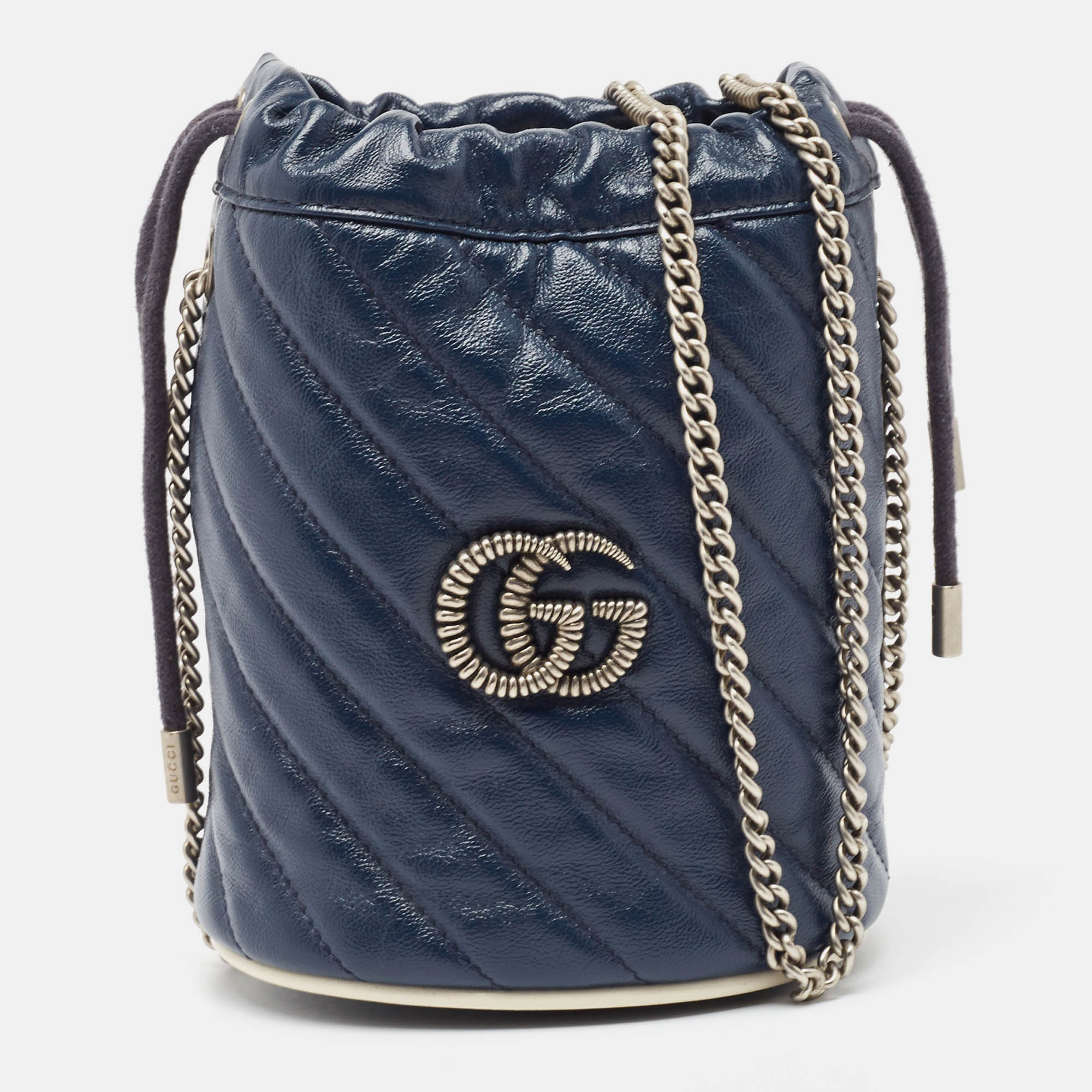 

Gucci Navy Blue Matelasse Leather Mini GG Marmont Torchon Bucket Bag