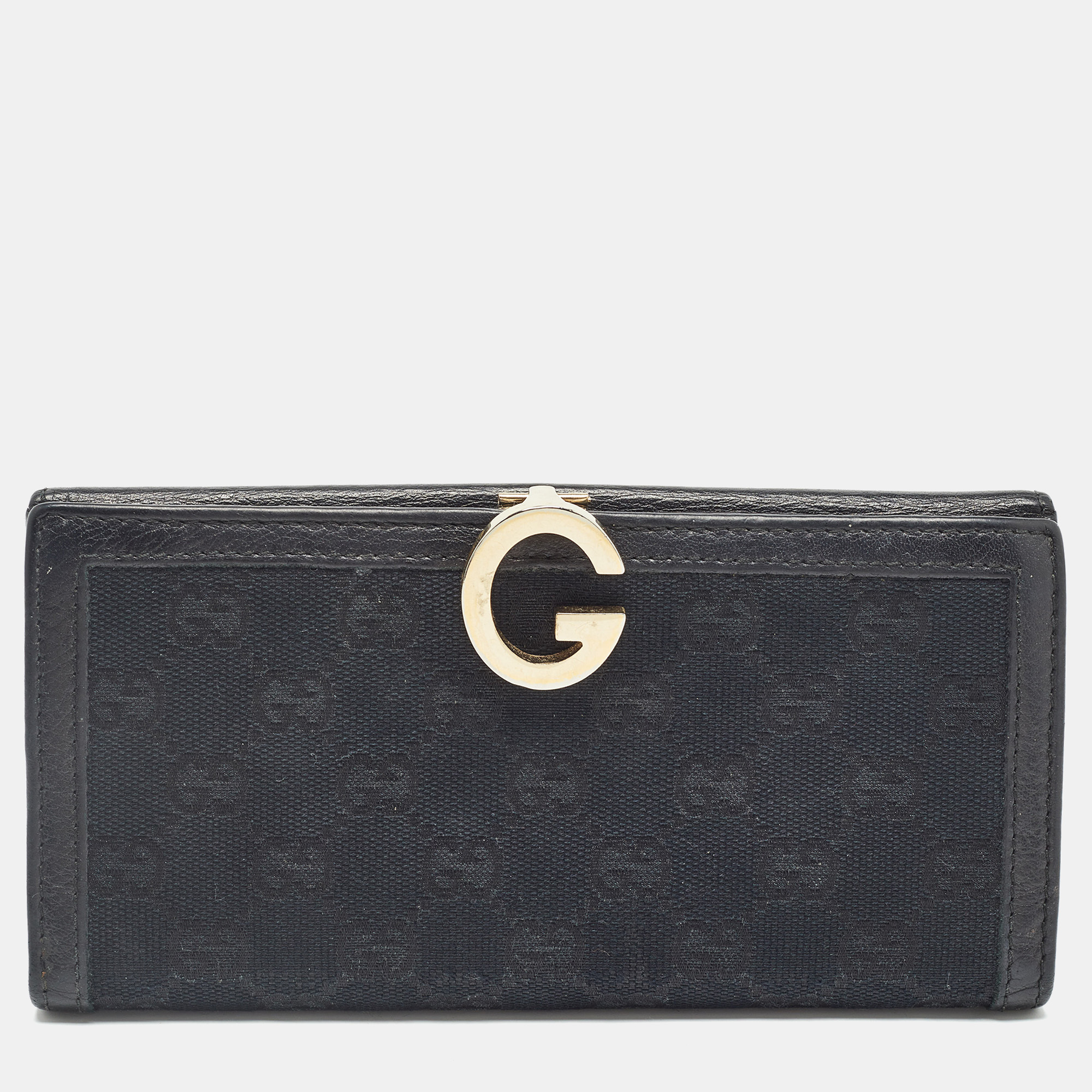 

Gucci Black GG Canvas and Leather G Bit Flap Continental Wallet