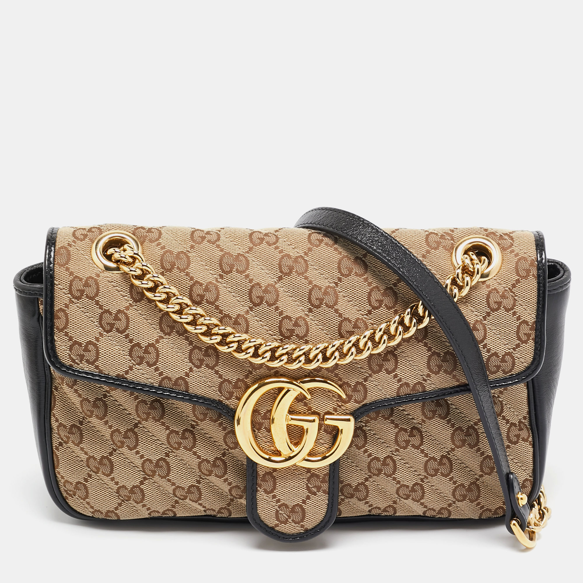 

Gucci Beige/Black Diagonal Quilted GG Canvas and Leather  GG Marmont Shoulder Bag