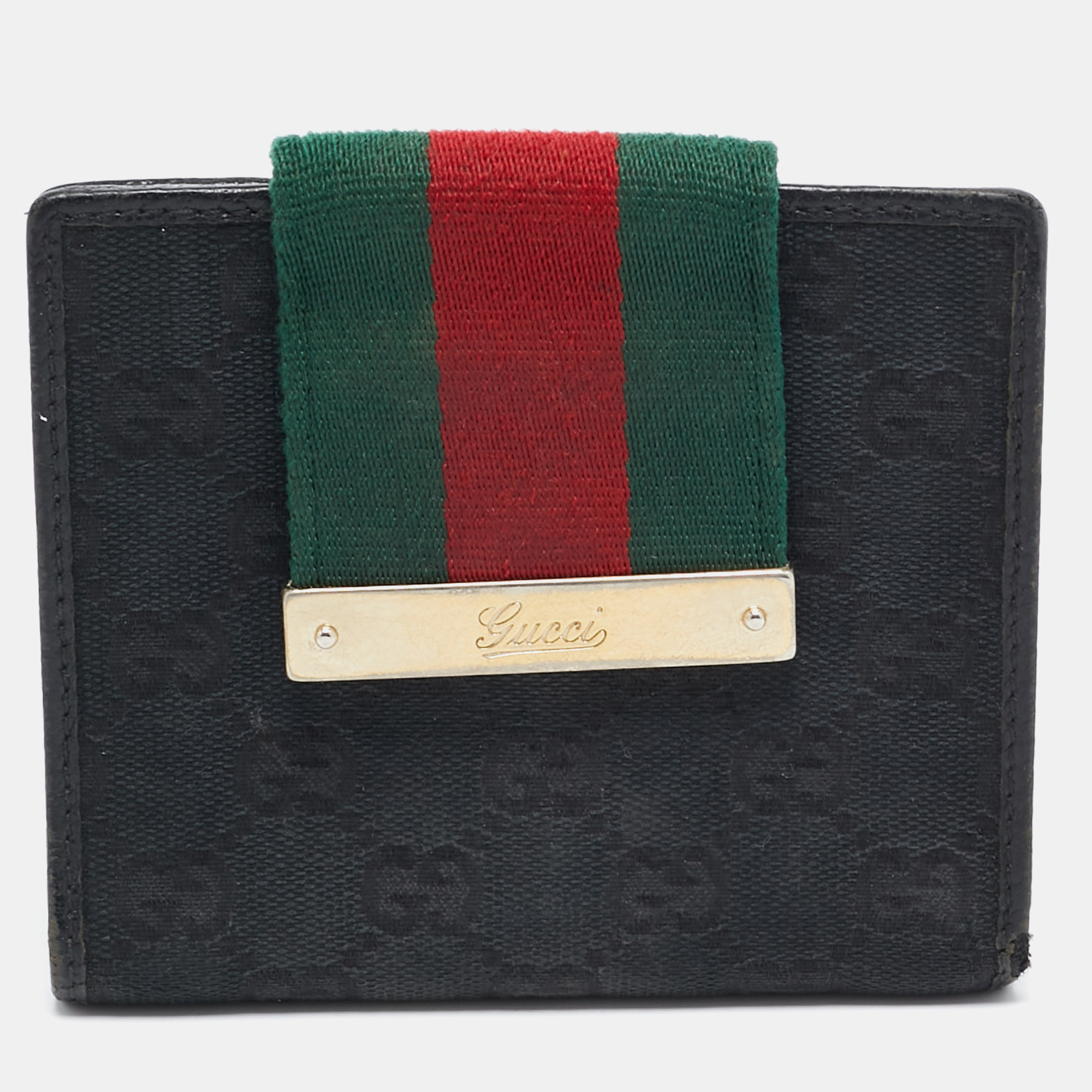 

Gucci Black GG Canvas and Leather Web Flap French Wallet