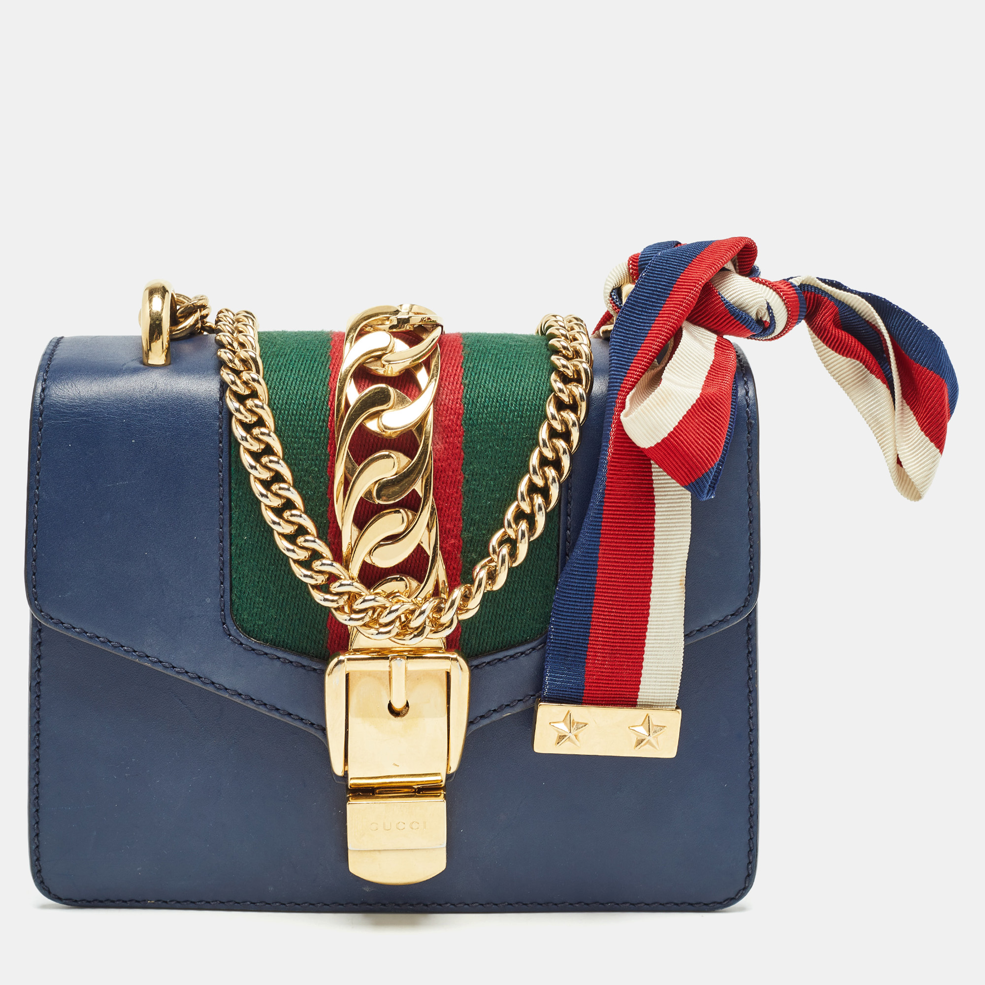 

Gucci Blue Leather Mini Web Chain Sylvie Crossbody Bag