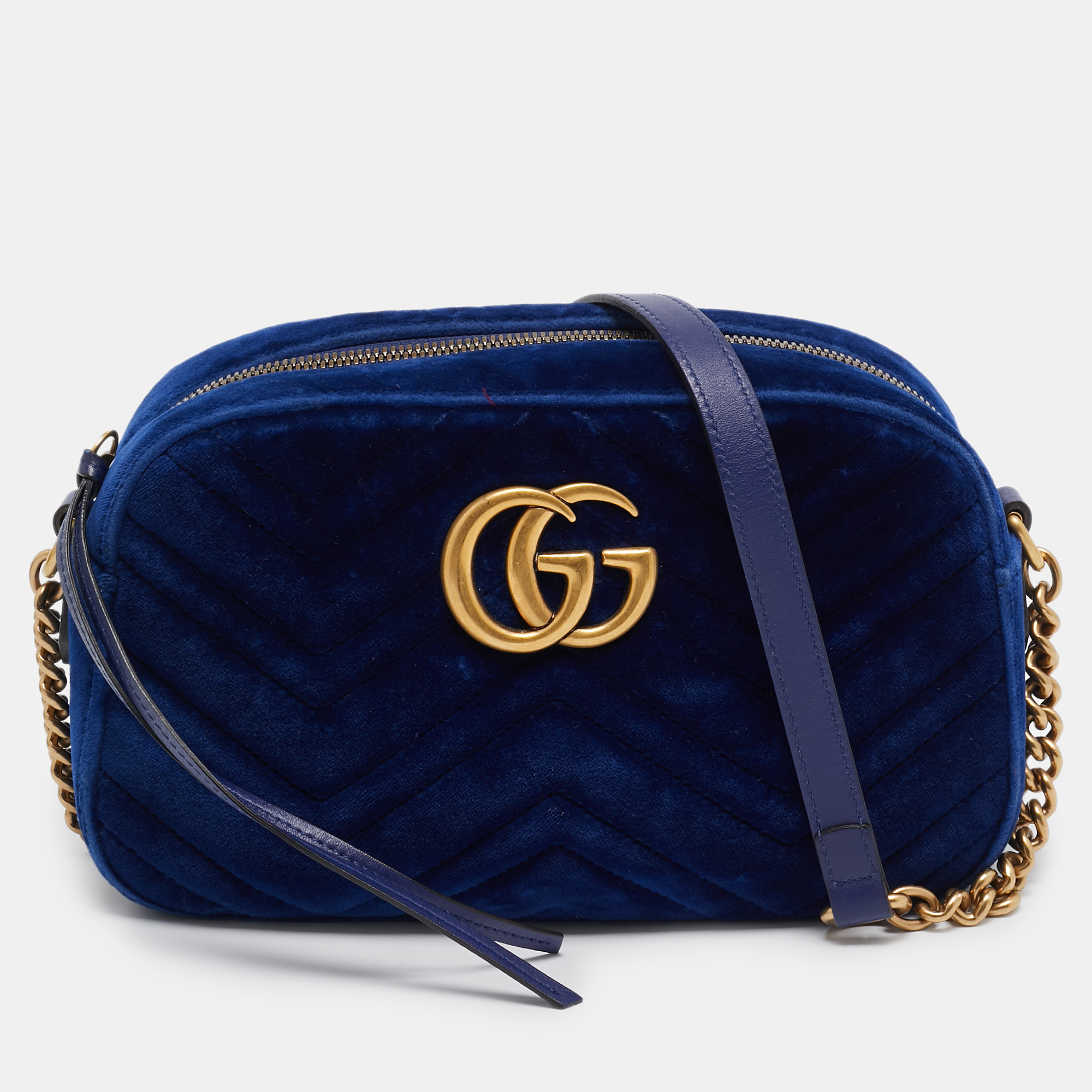 

Gucci Blue Matelassé Velvet Leather Small GG Marmont Camera Bag