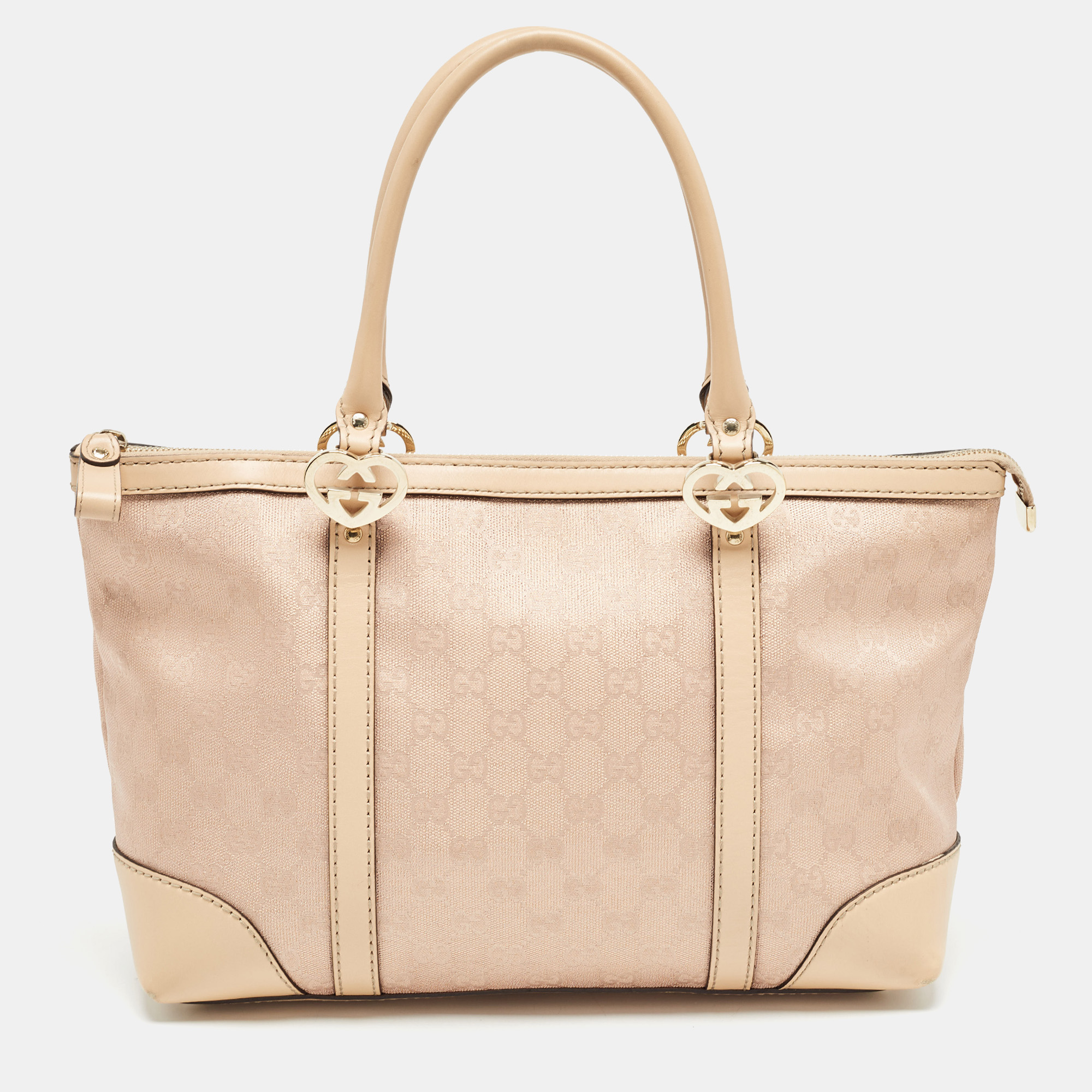 

Gucci Beige/Rose Gold GG Shimmer Fabric and Leather Small Lovely Heart Tote