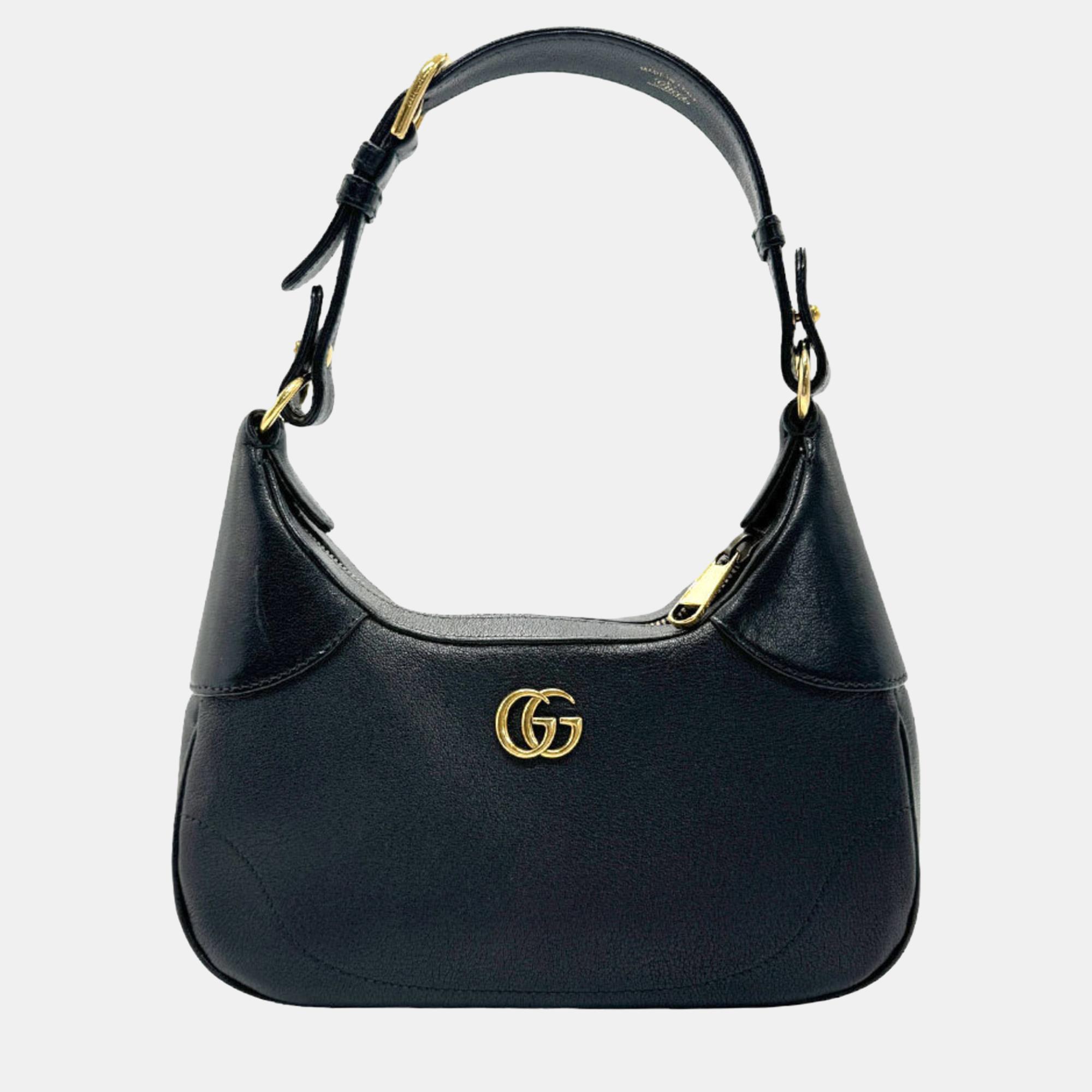 Pre-owned Gucci Black Leather Small Aphrodite Double G Logo Shoulder Bag