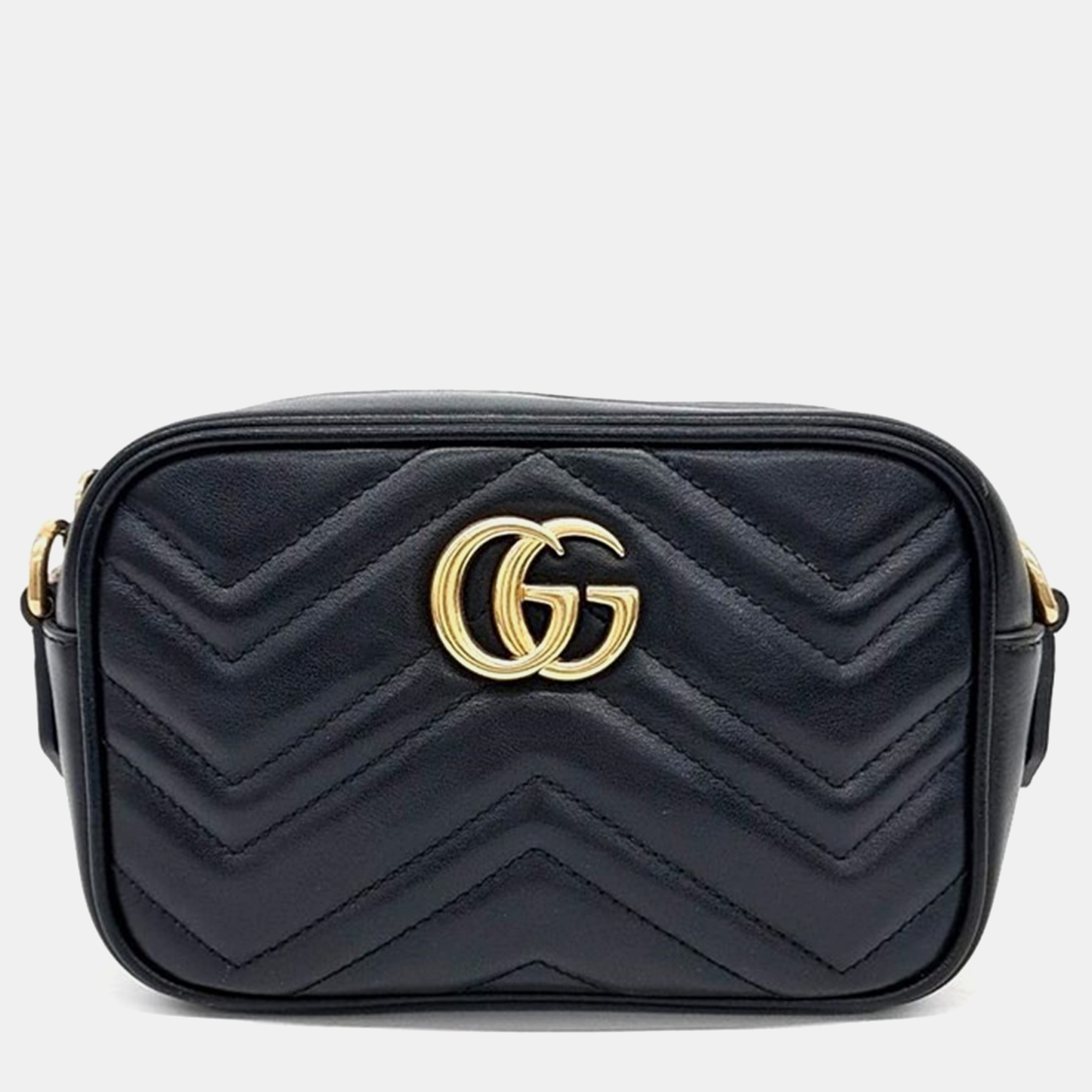 

Gucci Black Calfskin Matelasse Mini GG Marmont Camera Crossbody Bag