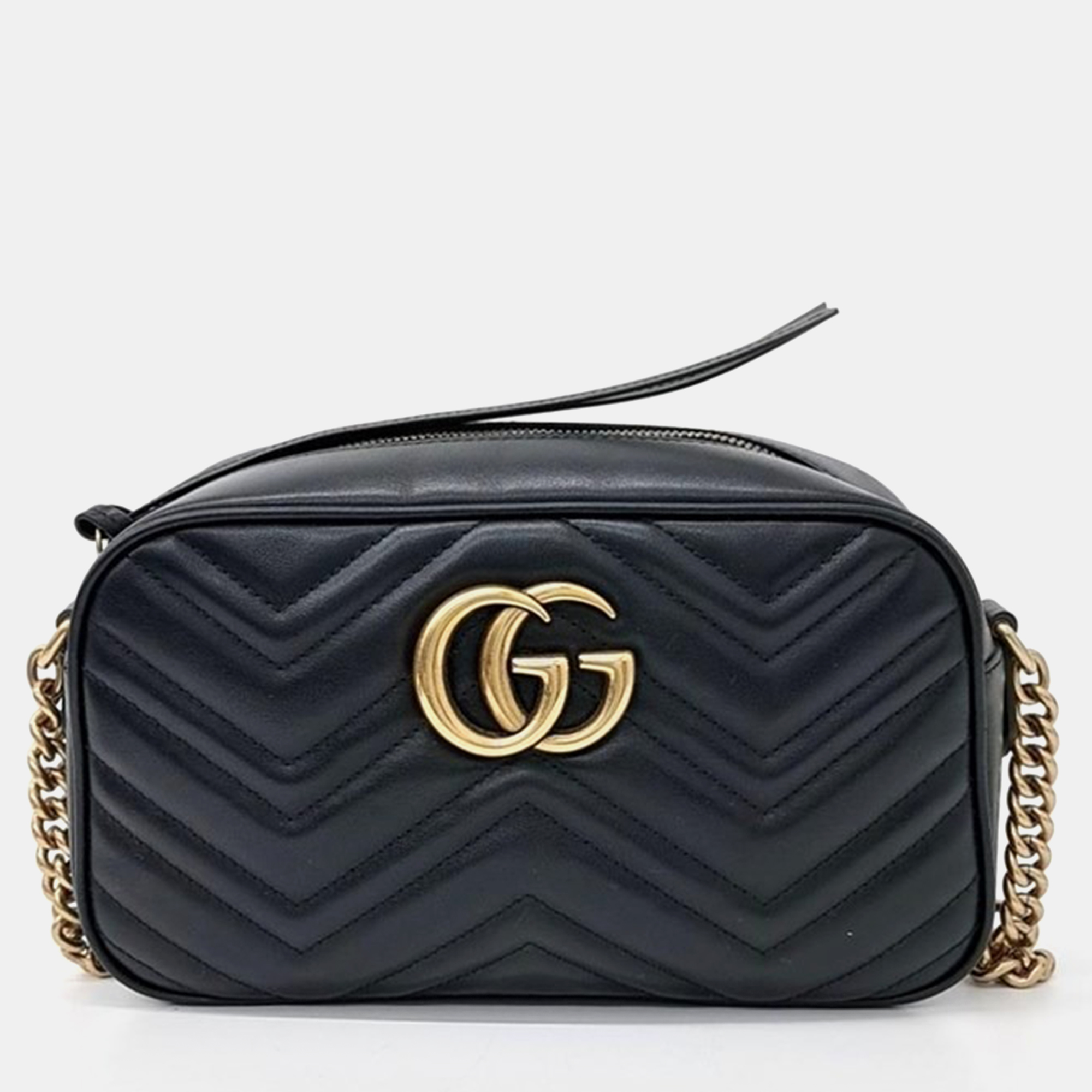 Pre-owned Gucci Black Calfskin Matelasse Small Gg Marmont Chain Shoulder Bag