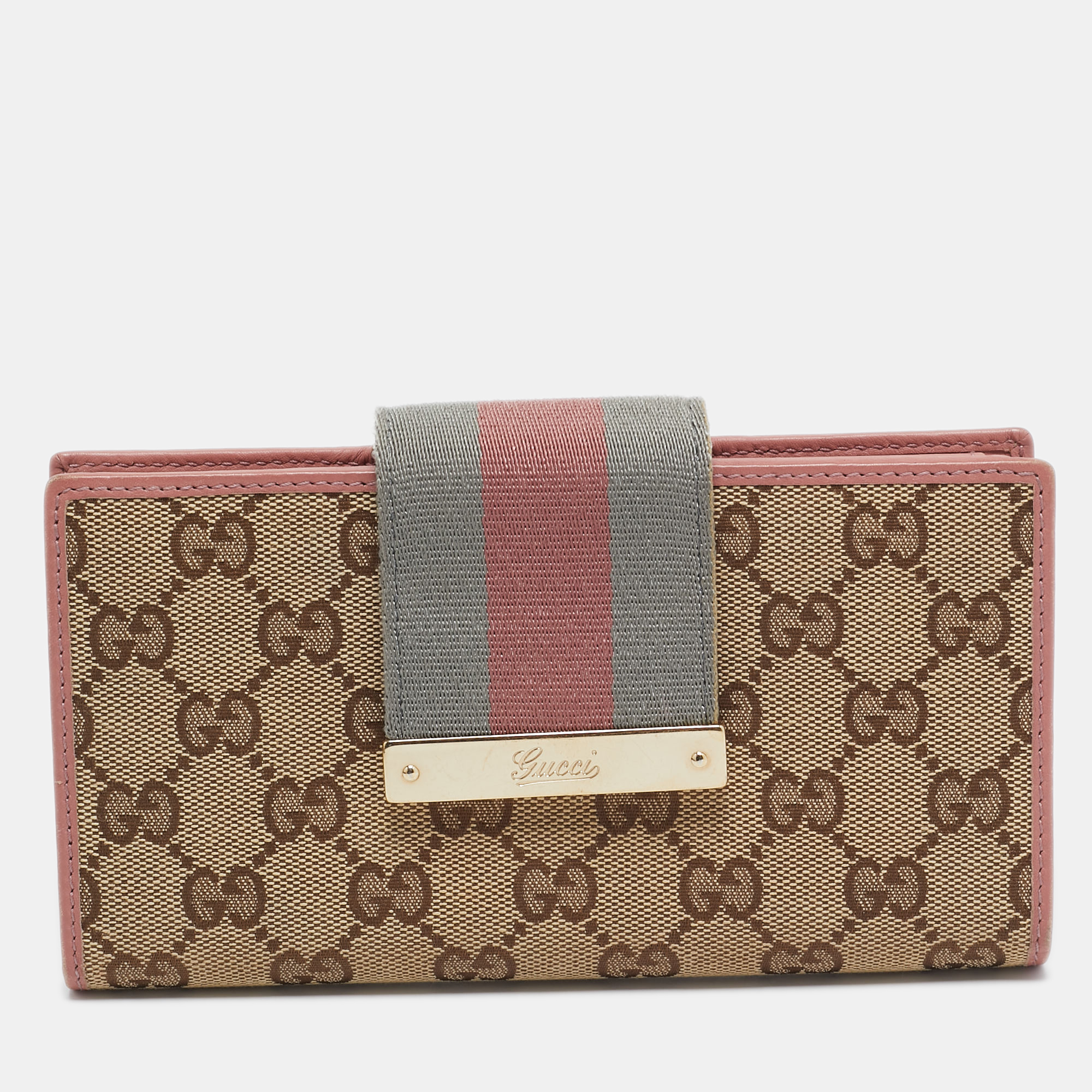 

Gucci Pink/Beige GG Canvas and Leather Web Flap Continental Wallet