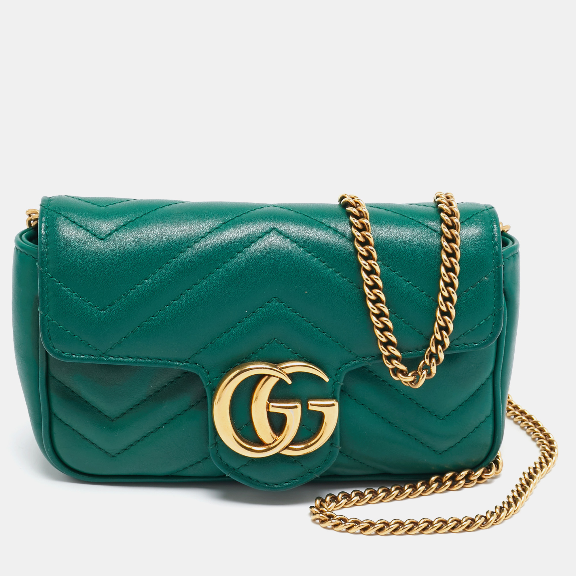 

Gucci Green Matelassé Leather GG Marmont Super Mini Shoulder Bag