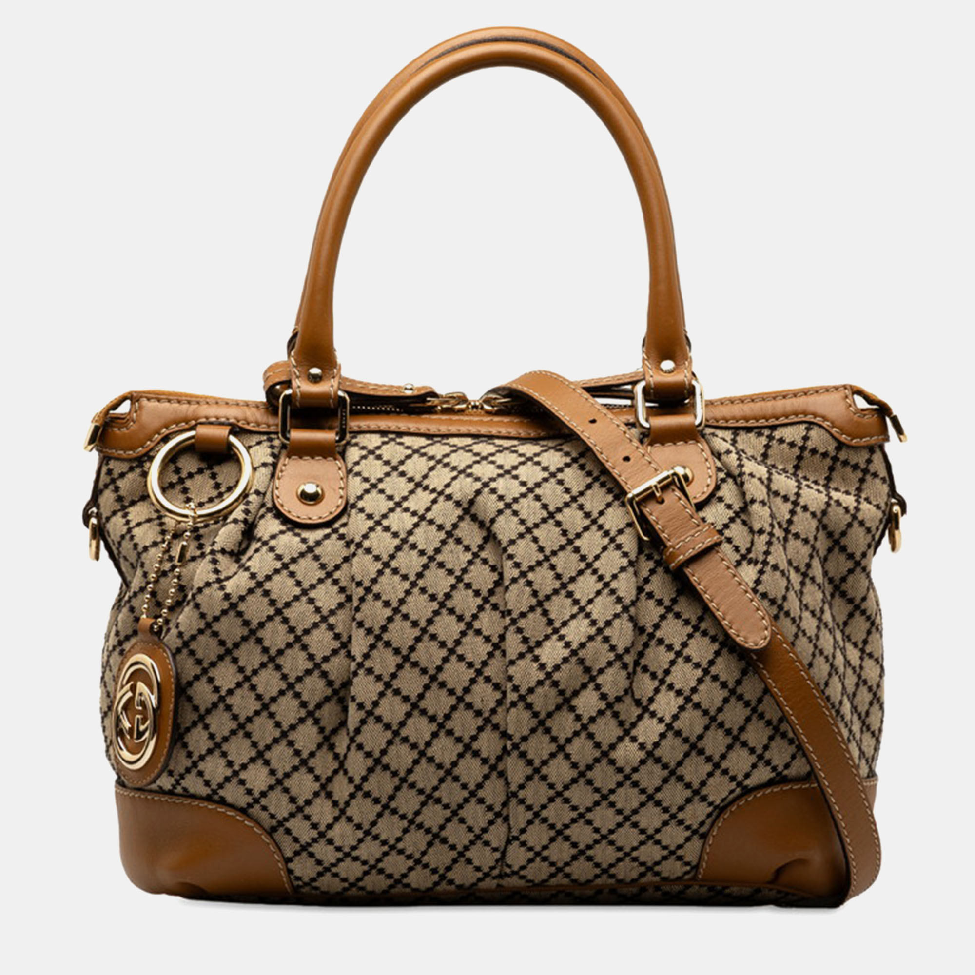 Pre-owned Gucci Brown/beige Diamante Canvas And Leather Sukey Tote Bag