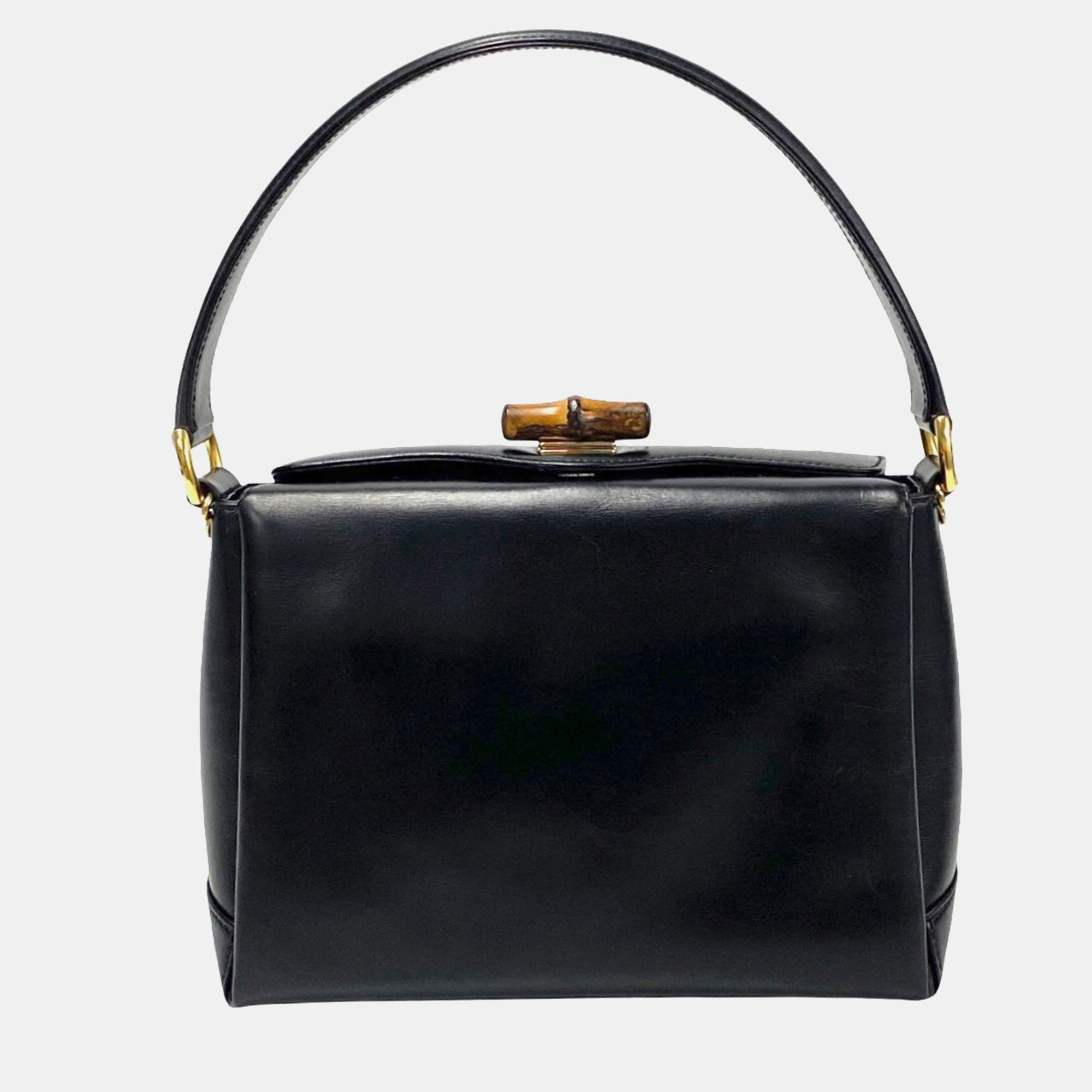 

Gucci Black Leather Box Calf Bamboo Top Handle Bag