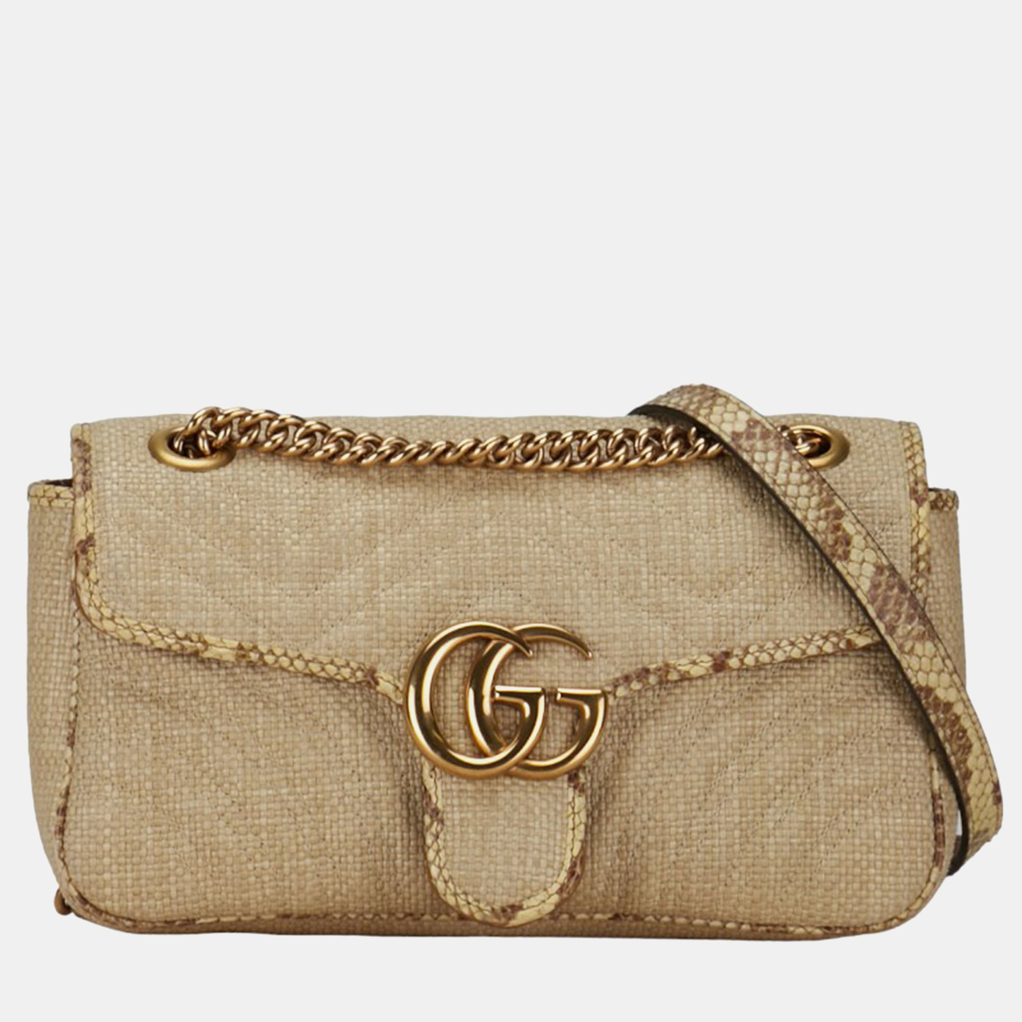 

Gucci Beige Matelasse Raffia with Snakeskin Small GG Marmont Flap Bag