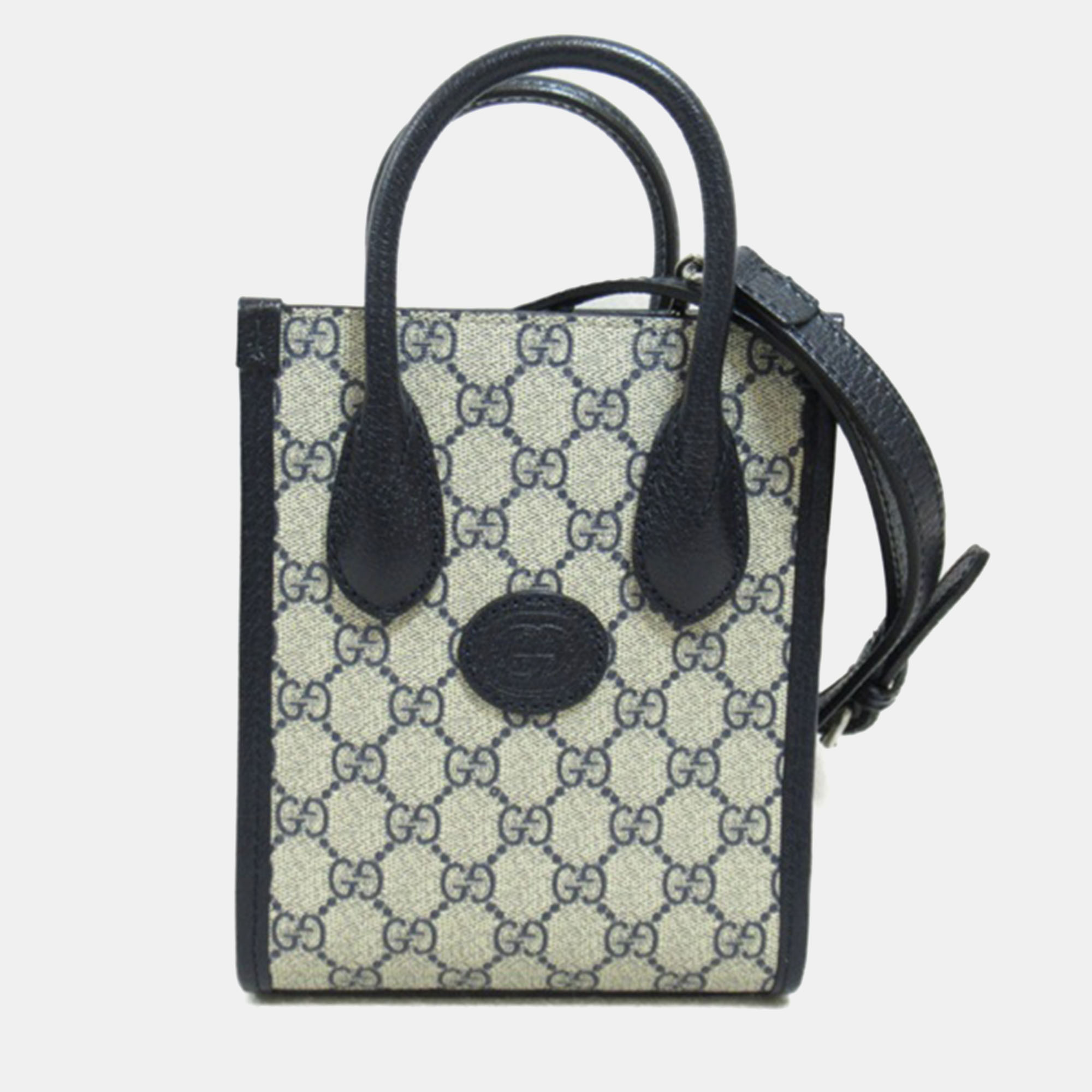 Pre-owned Gucci Blue/beige Leather Interlocking Gg Mini Tote Bag