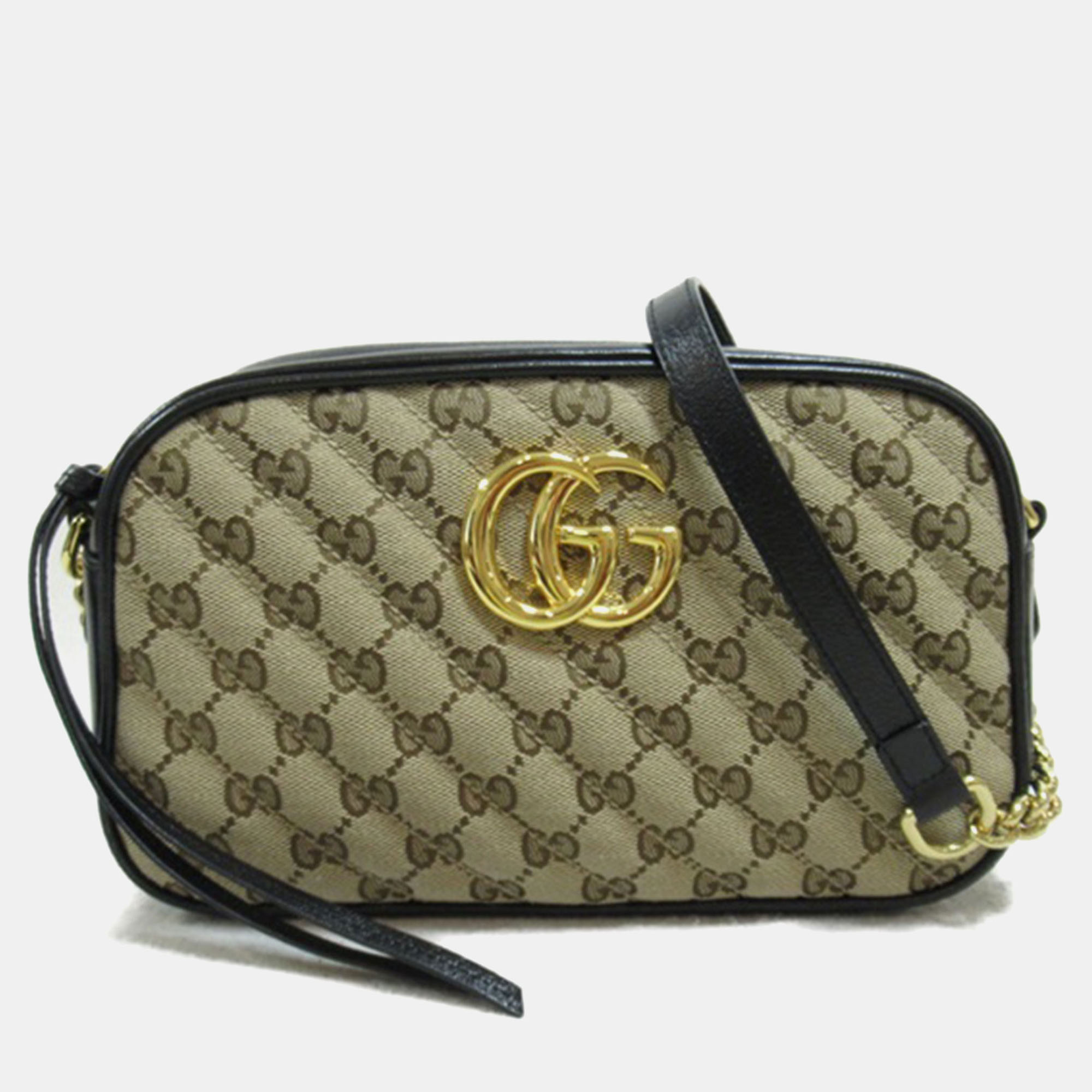 Pre-owned Gucci Beige/black Diagonal Quilted Gg Canvas Small Gg Marmont Shoulder Bag