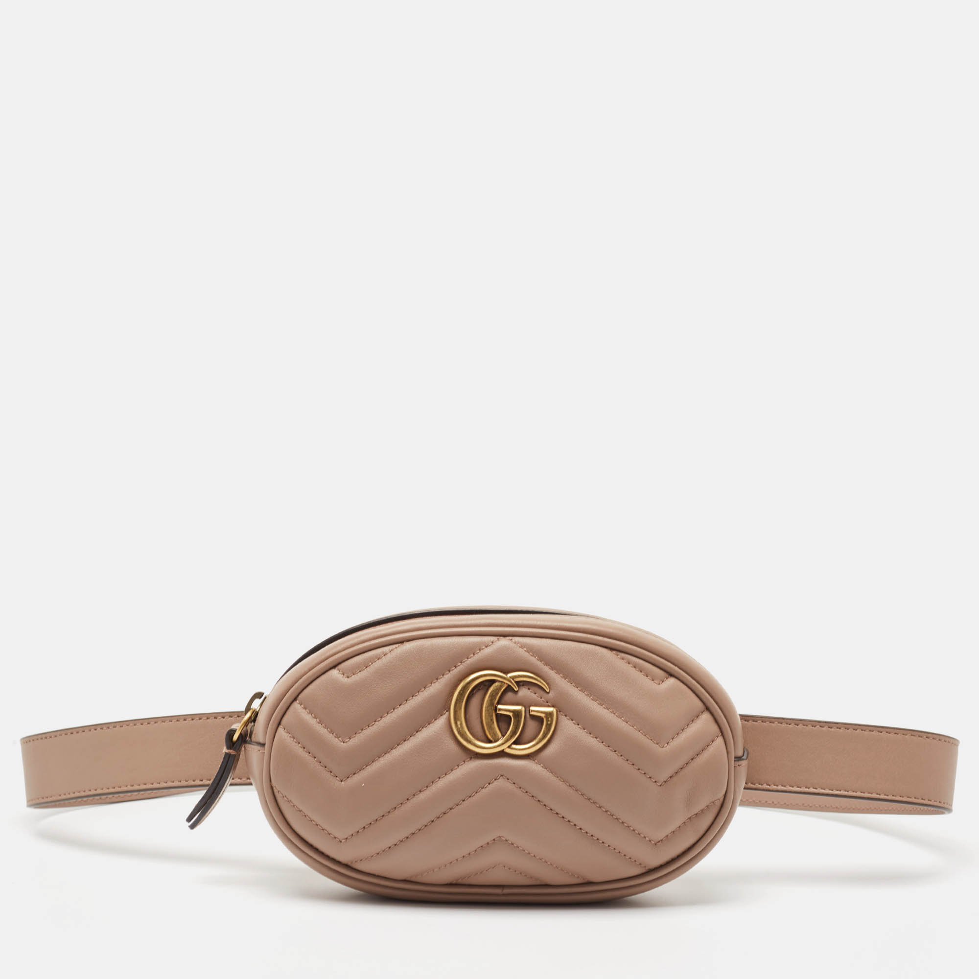 Pre-owned Gucci Dusty Pink Matelassé Leather Gg Marmont Belt Bag