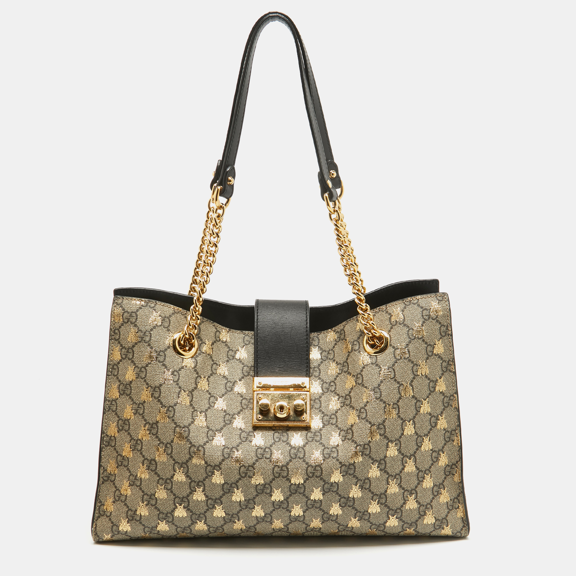 

Gucci Black/Beige GG Supreme Canvas and Leather Padlock Bee Tote