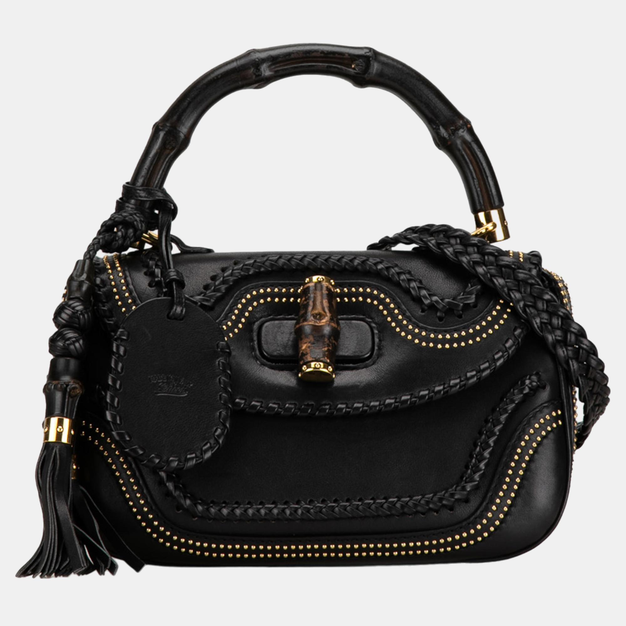 

Gucci Black Medium Studded New Bamboo Tassel Satchel