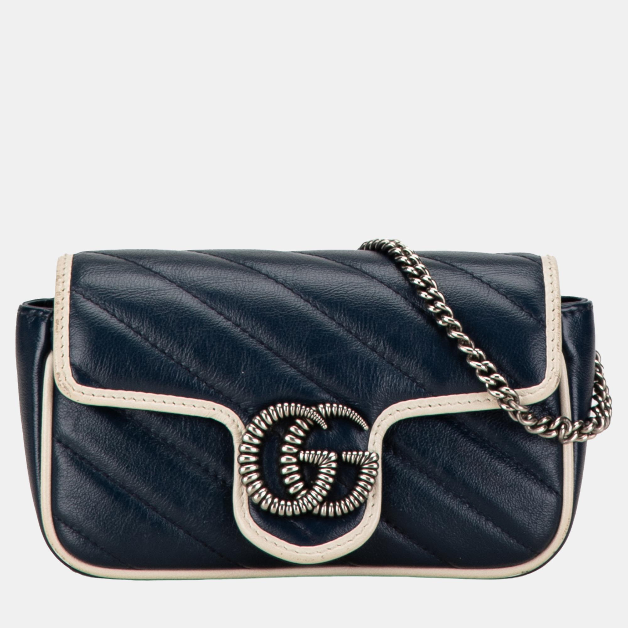 Pre-owned Gucci Navy Blue Mini Gg Marmont Torchon Crossbody Bag